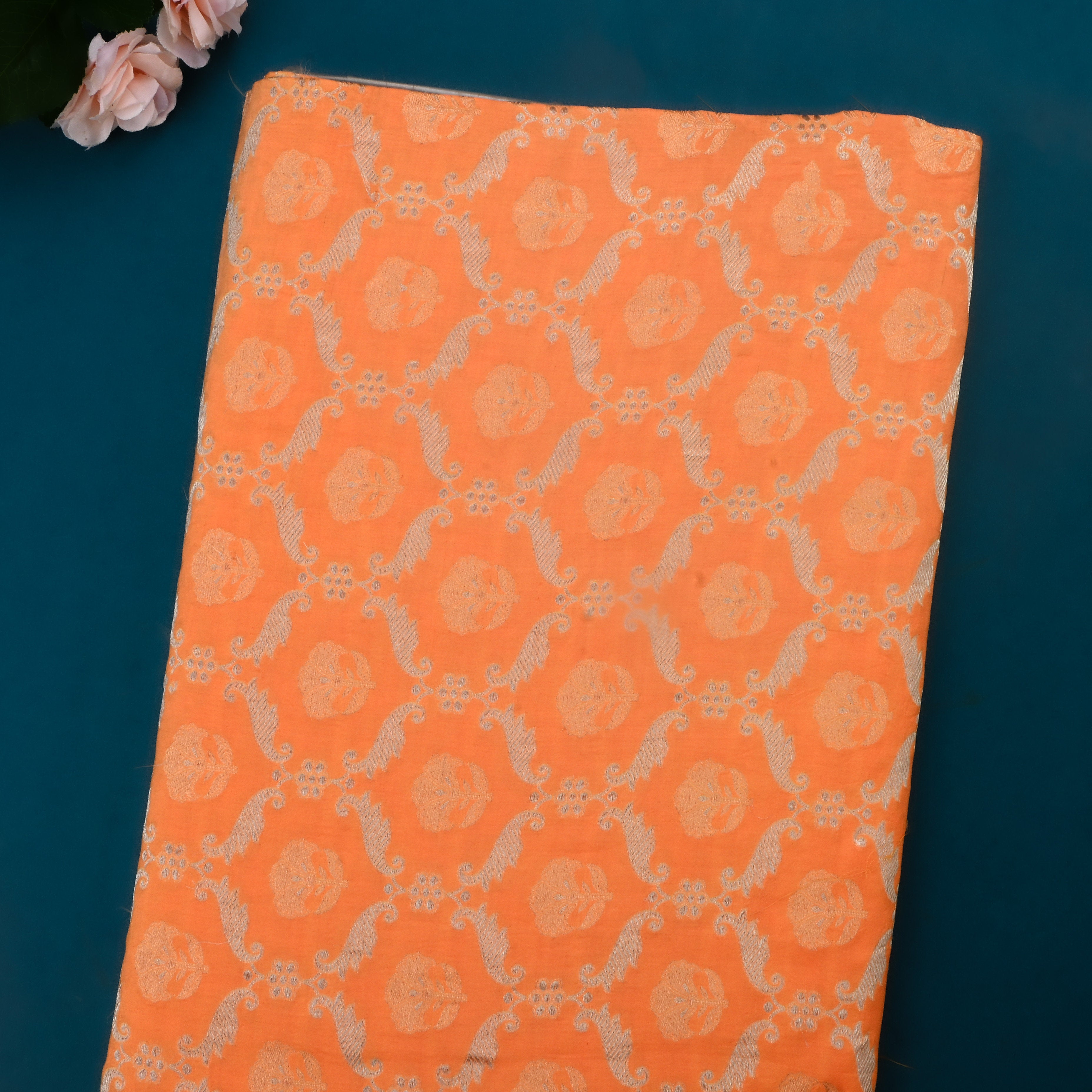 Orange Jamawar Silk Fabric With Floral Patterns