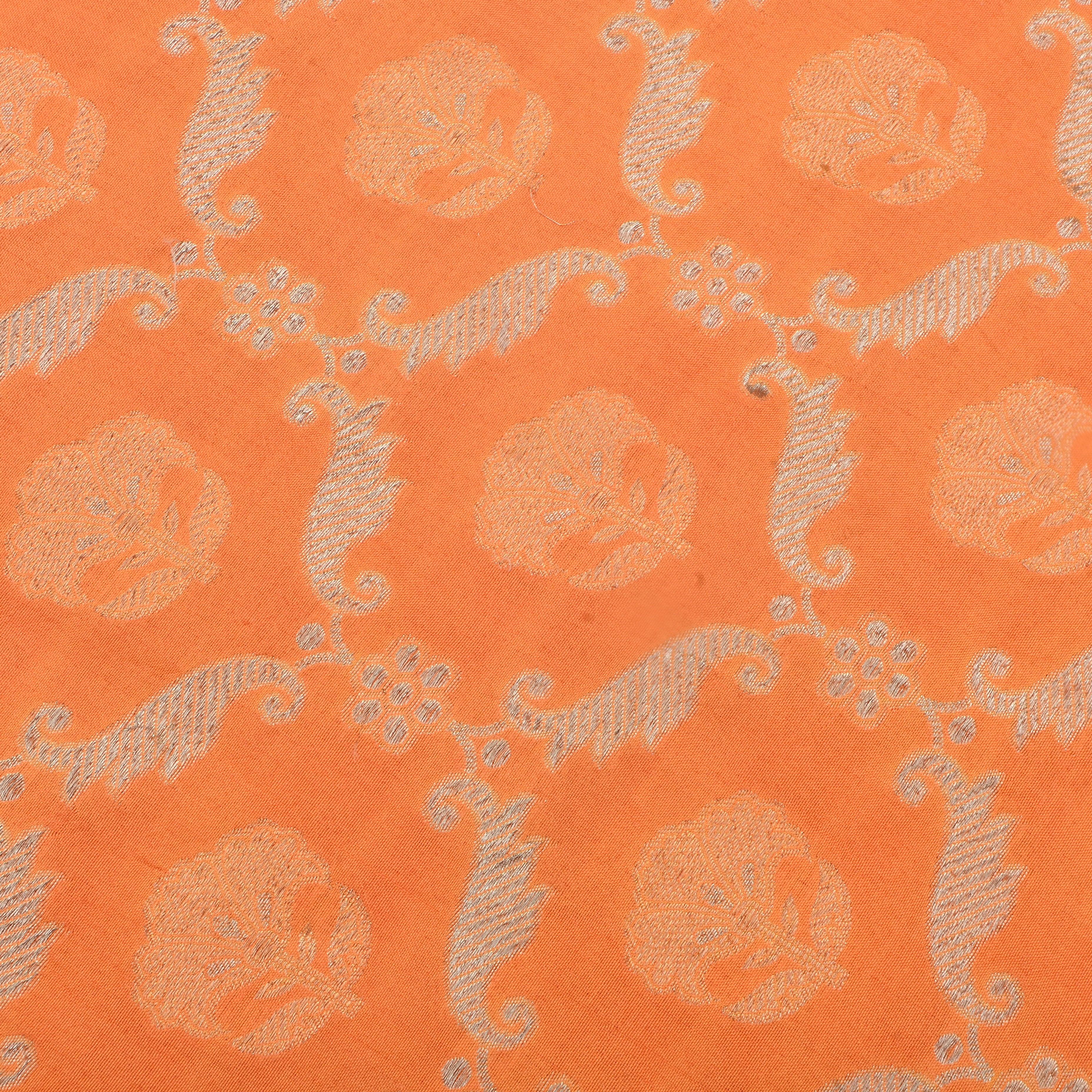 Orange Jamawar Silk Fabric With Floral Patterns