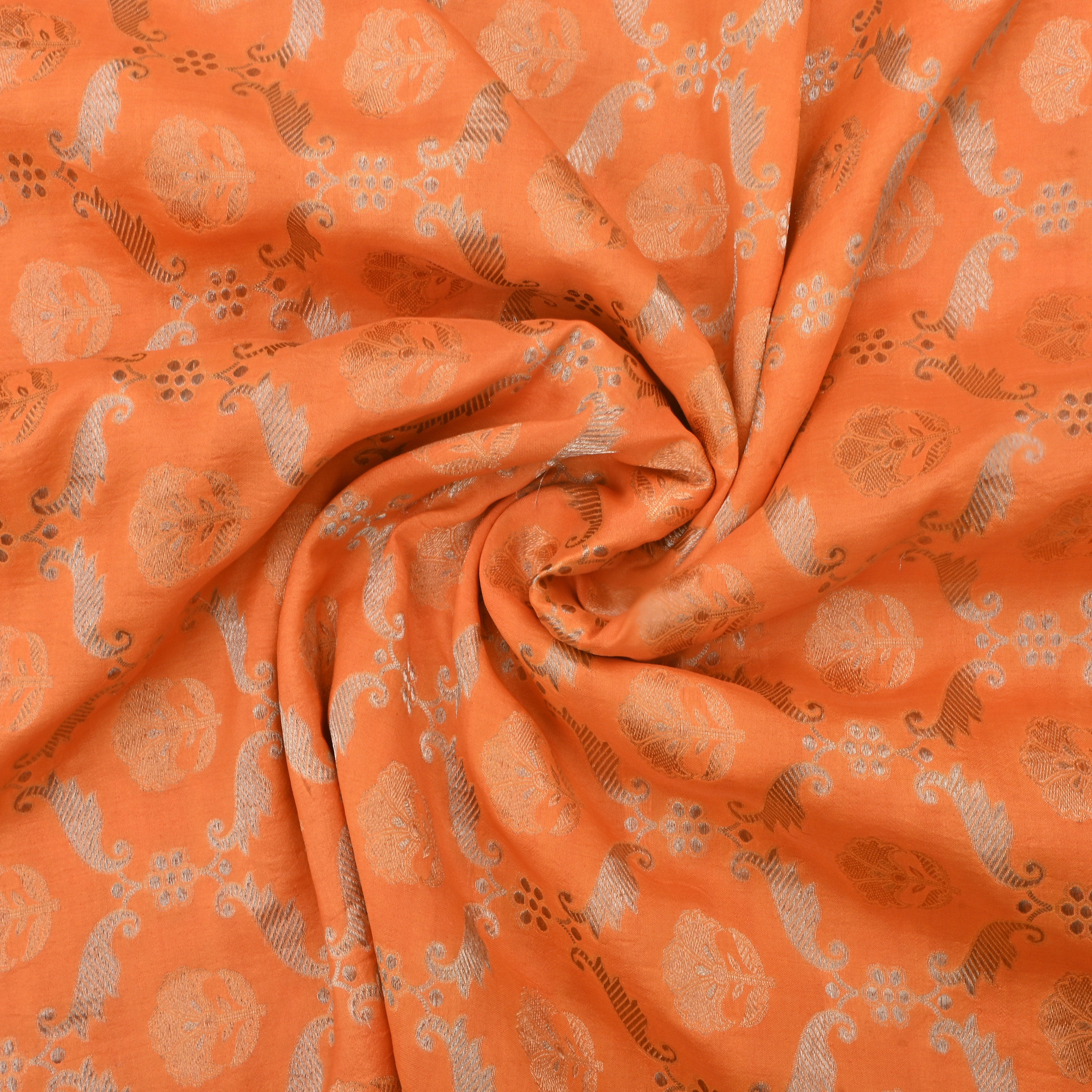 Orange Jamawar Silk Fabric With Floral Patterns