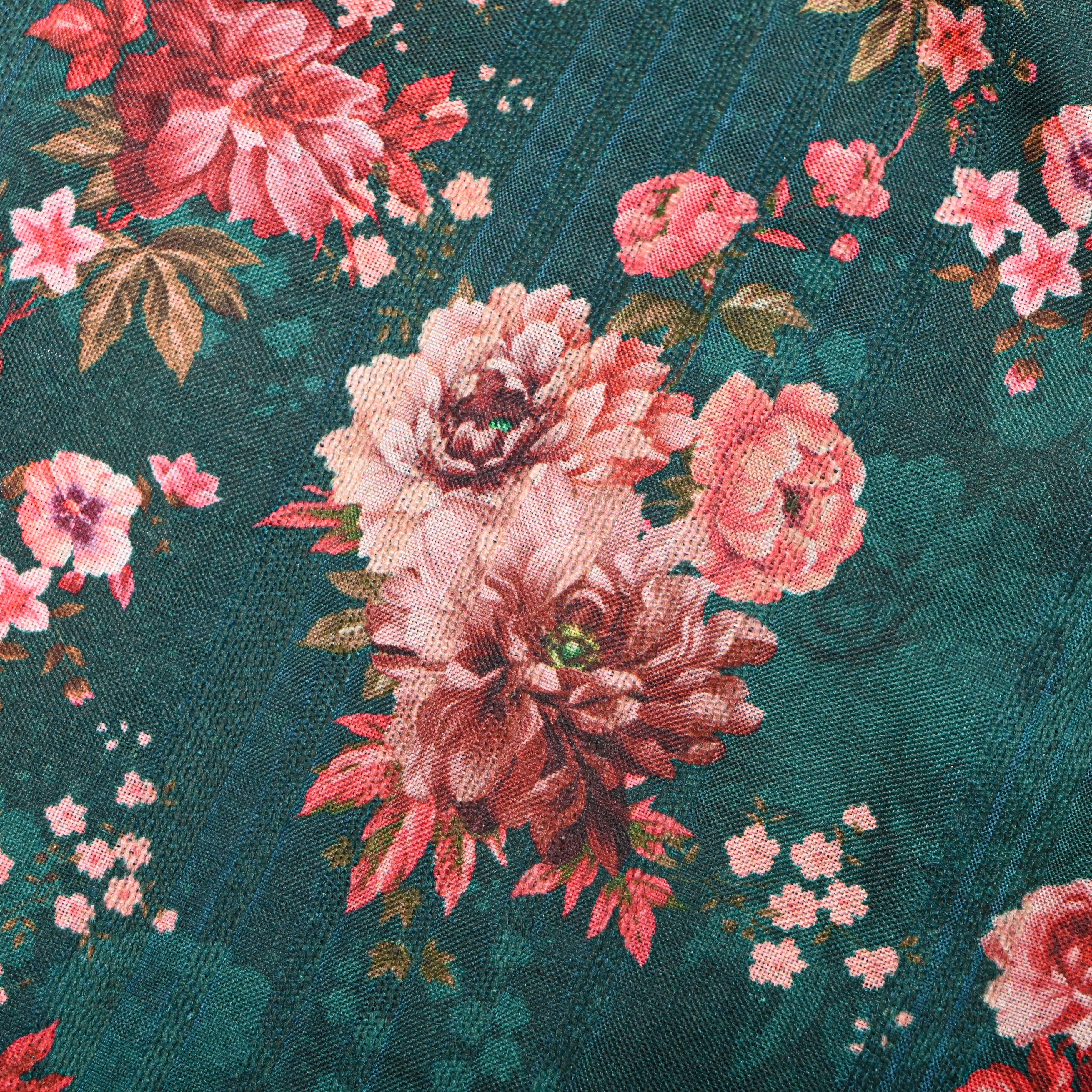 Teal Green Tussar Fabric With Floral Prints