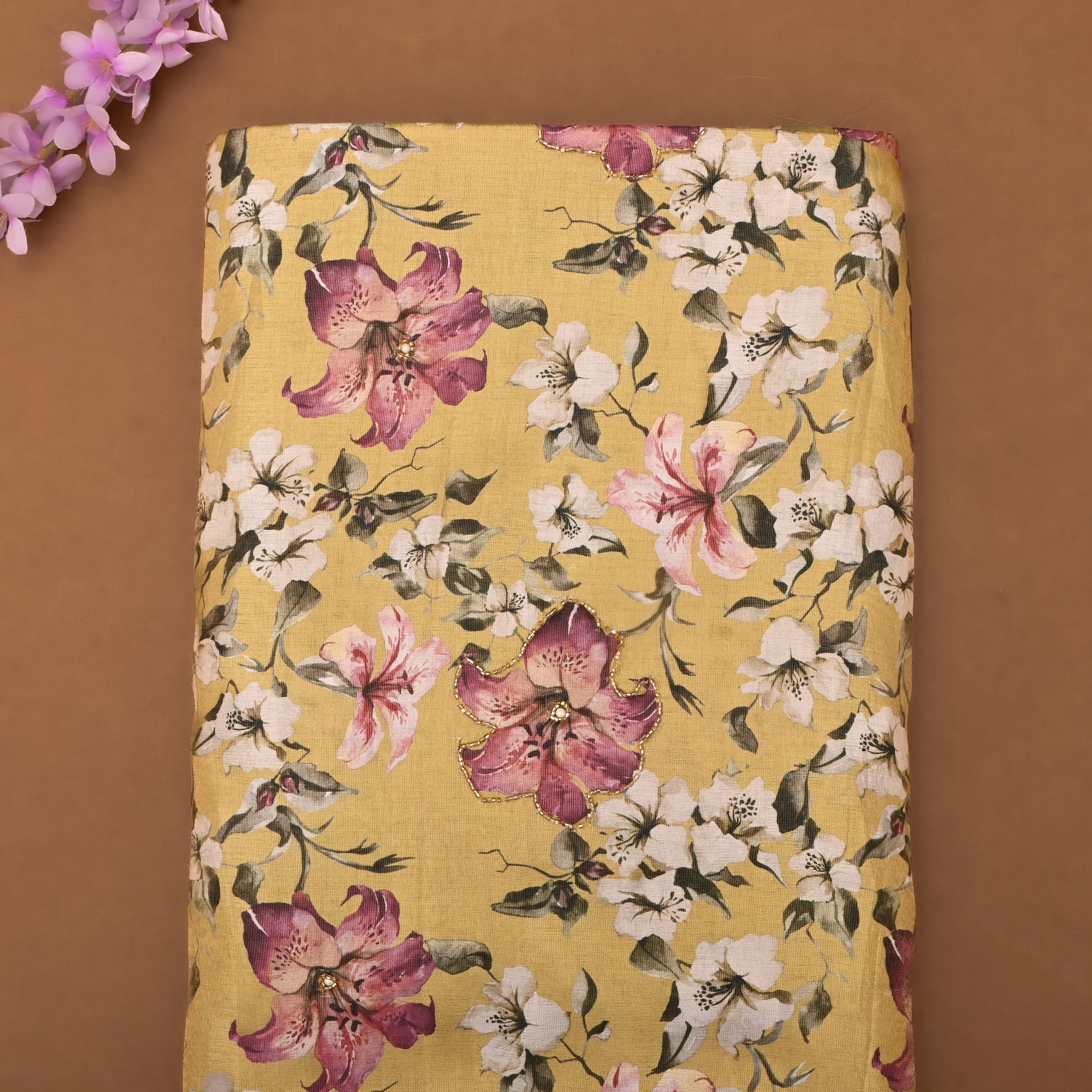 Rayol Yellow Tissue Fabric With Floral Prints