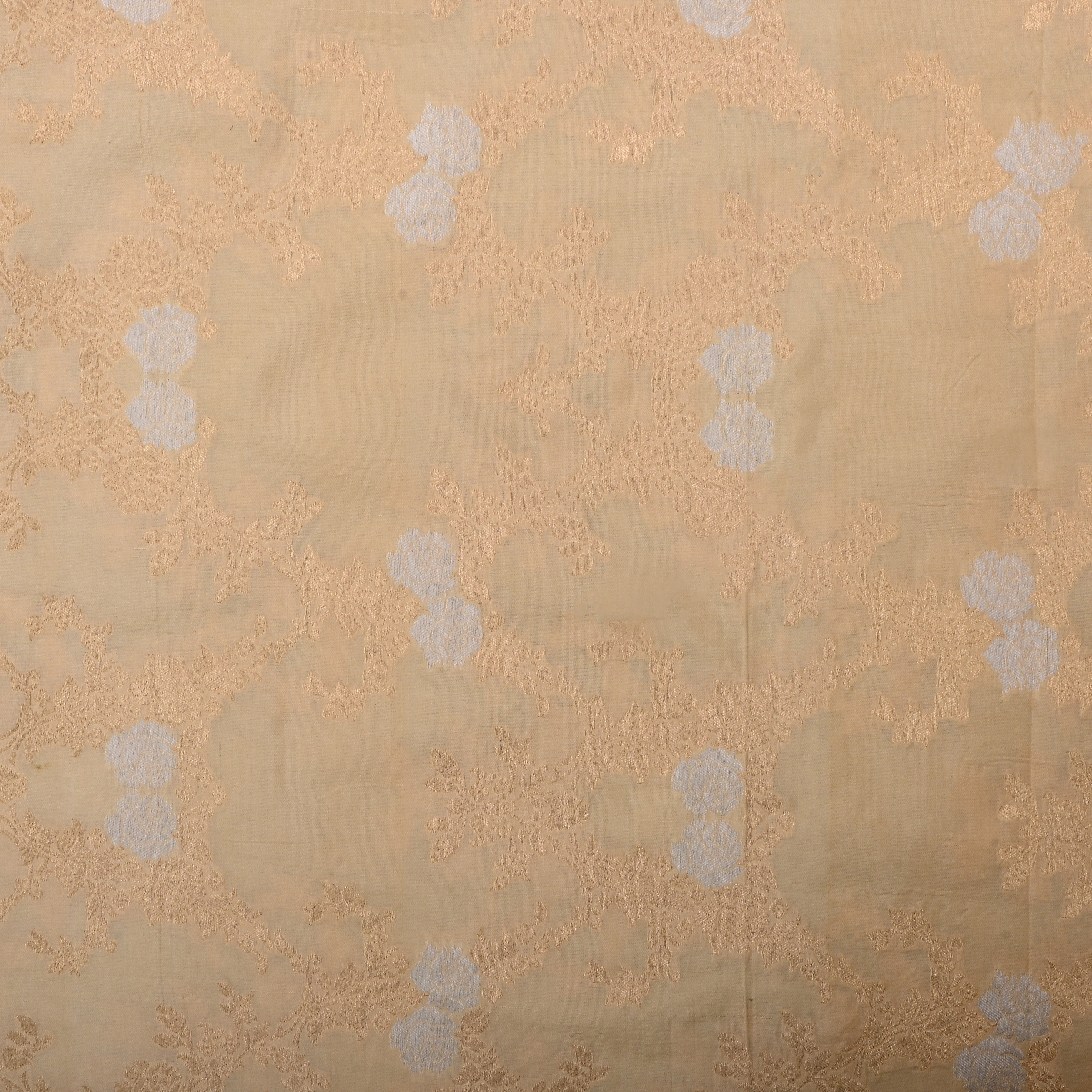 Buttercream Beige Jamawar Silk Fabric With Floral Jaal