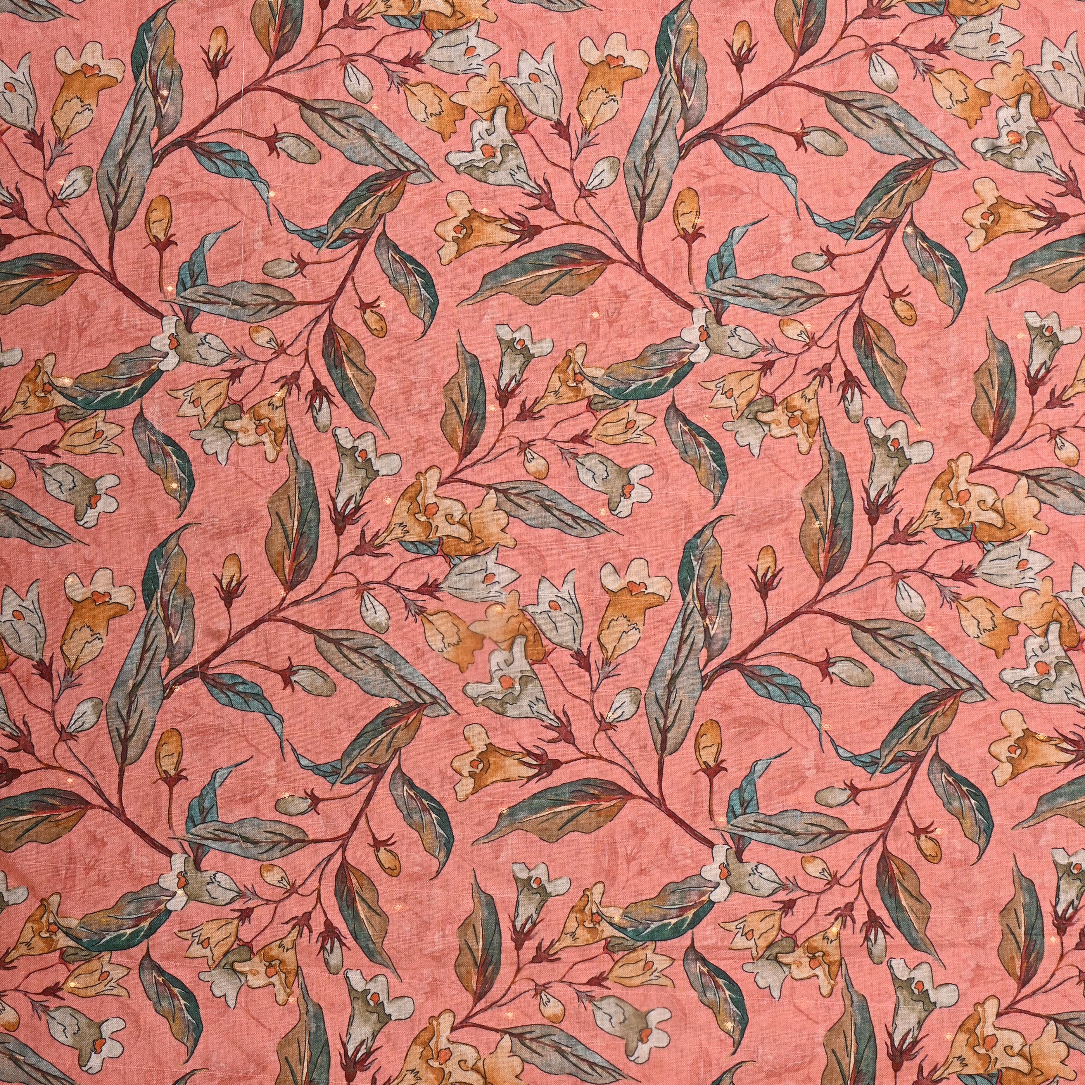 Peachy Pink Tissue Fabric With Floral Prints