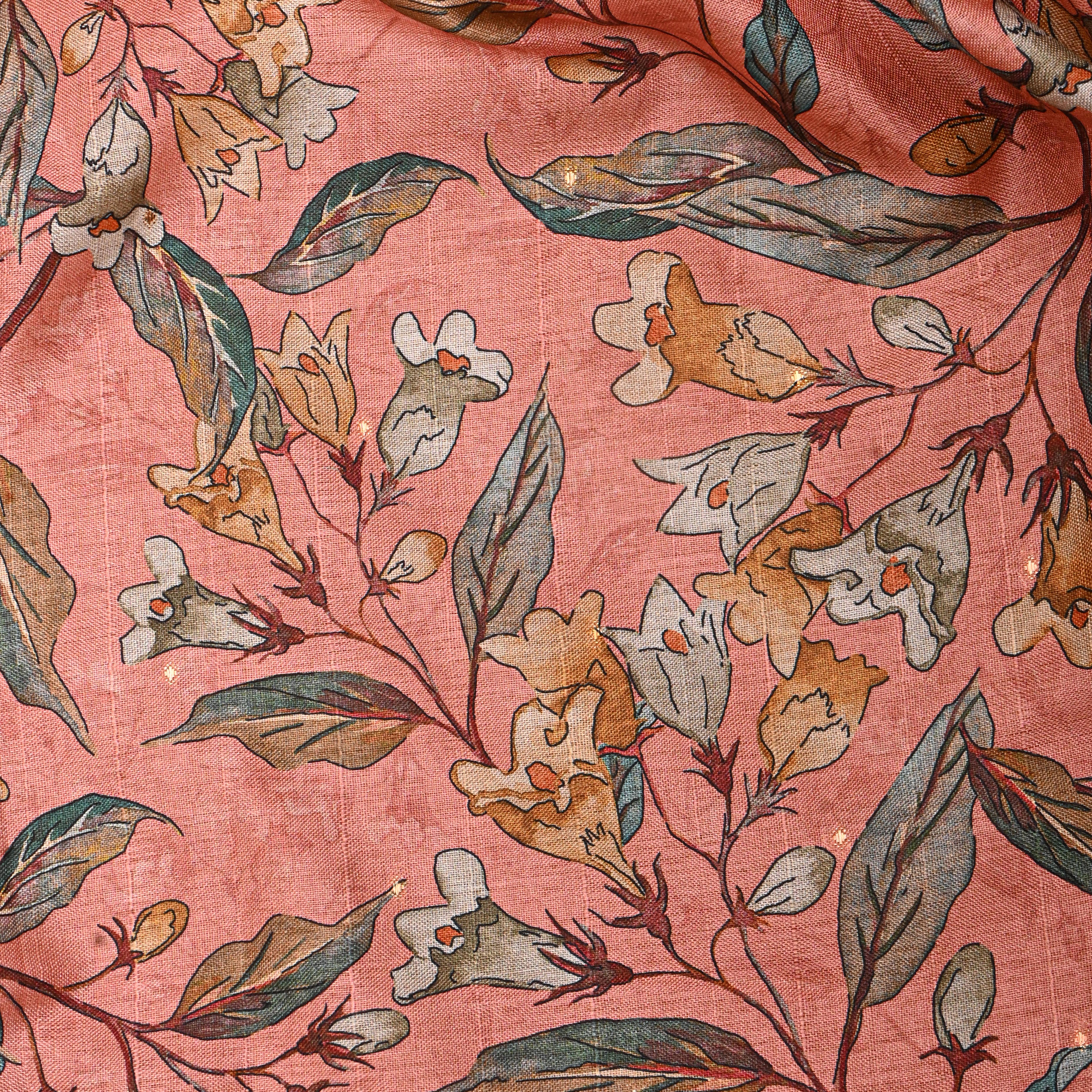 Peachy Pink Tissue Fabric With Floral Prints