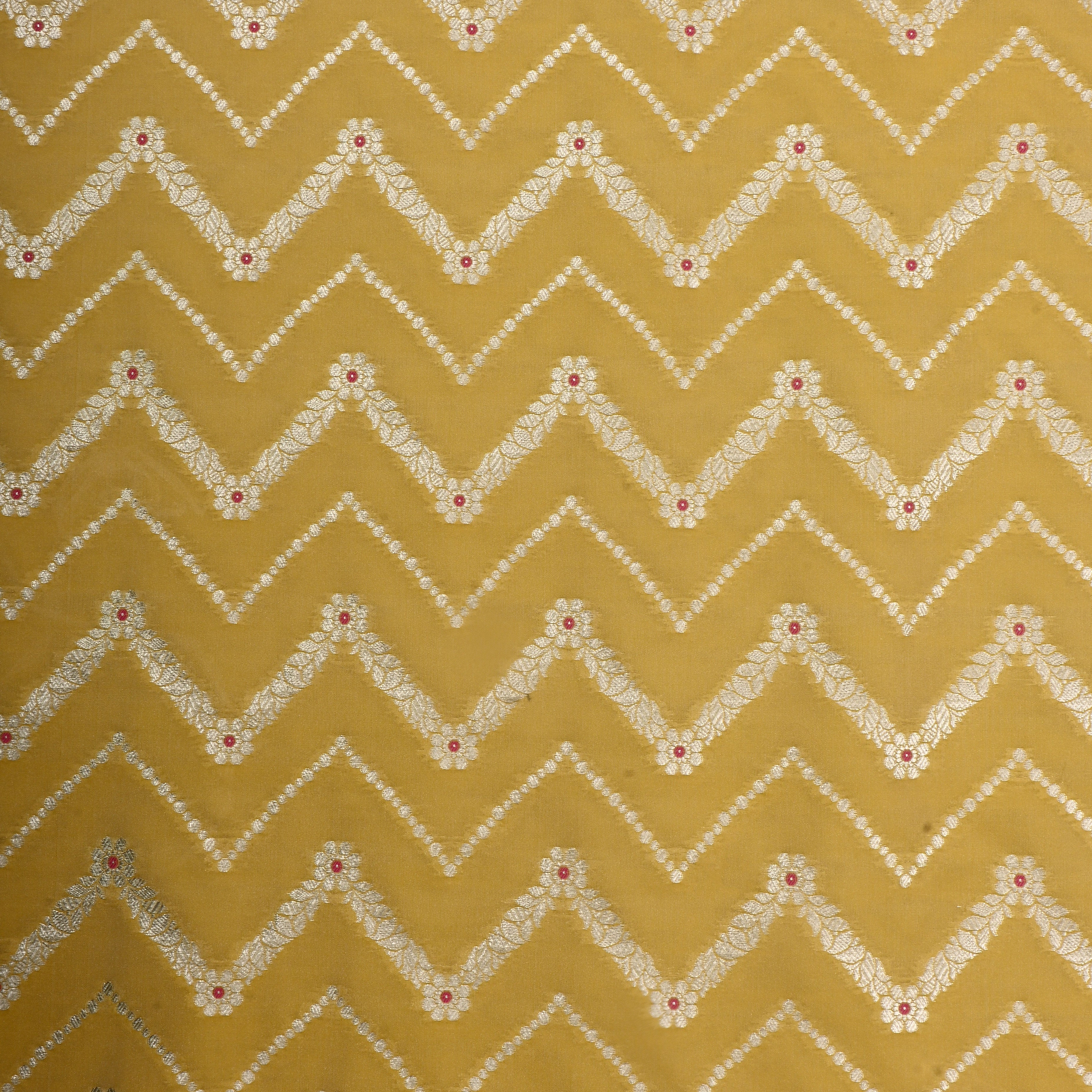 Camel Yellow Jamawar Silk Fabric With Zig-Zag Pattern