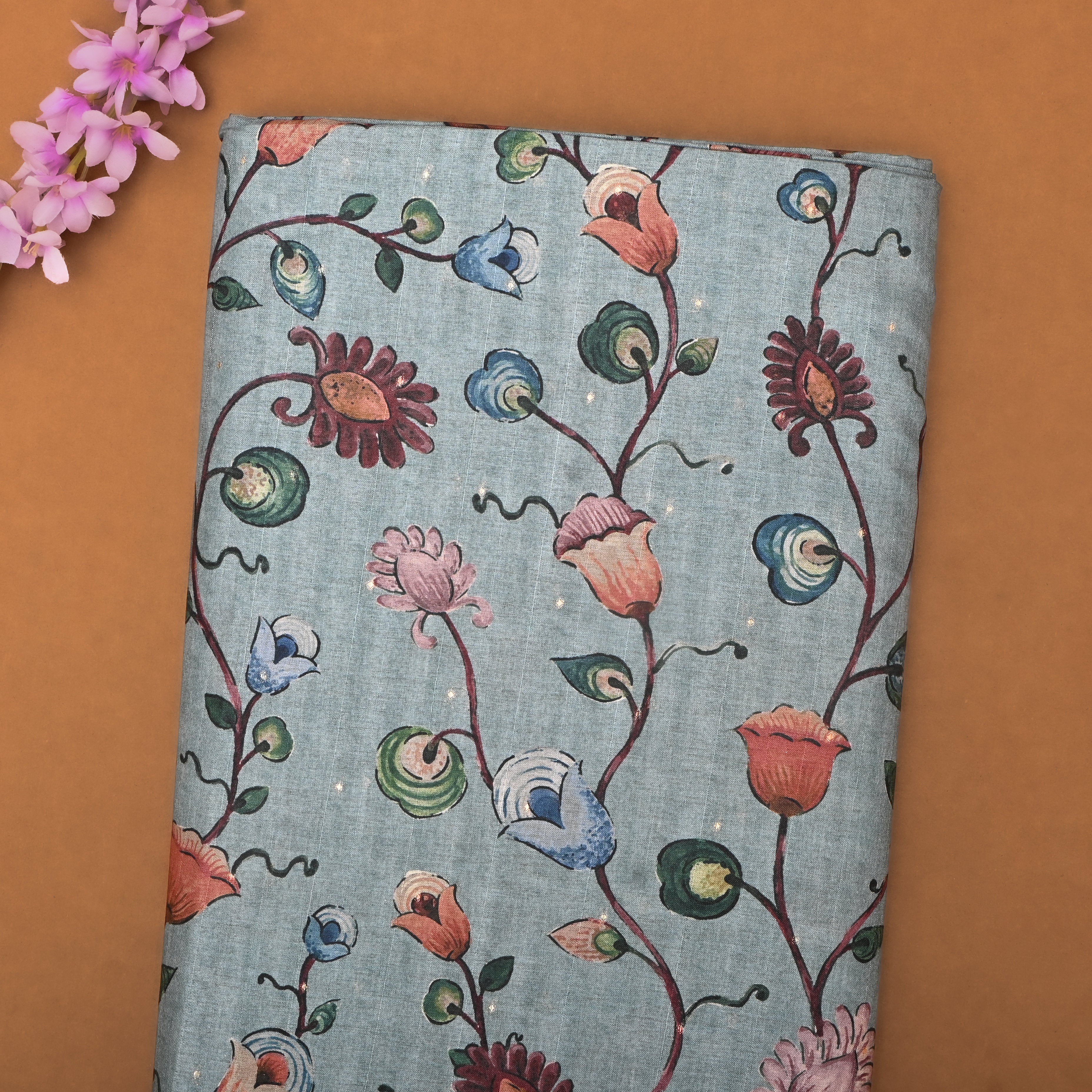 Mint Blue Tussar Fabric With Printed Design