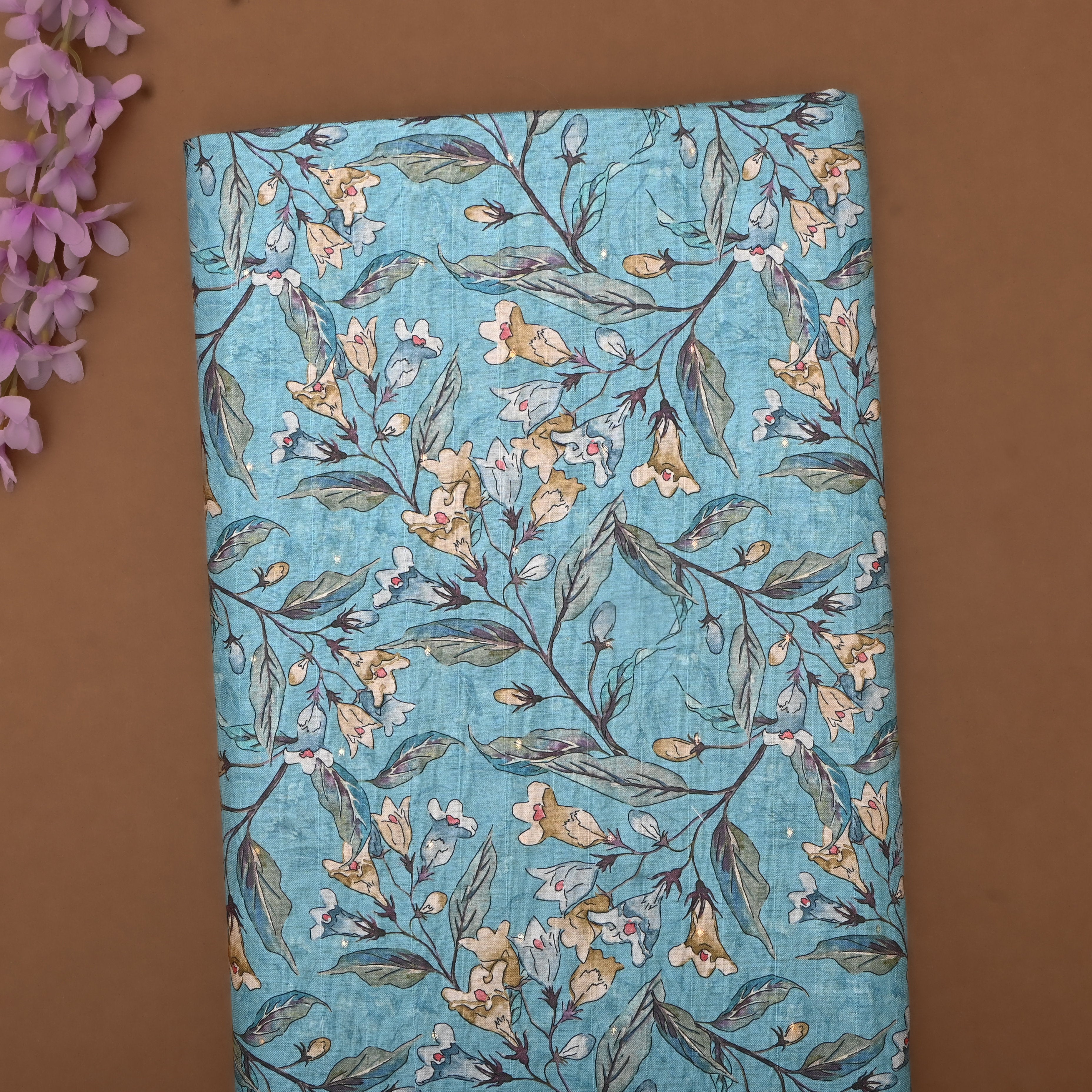 Sky Blue Tussar Fabric With Digital Prints