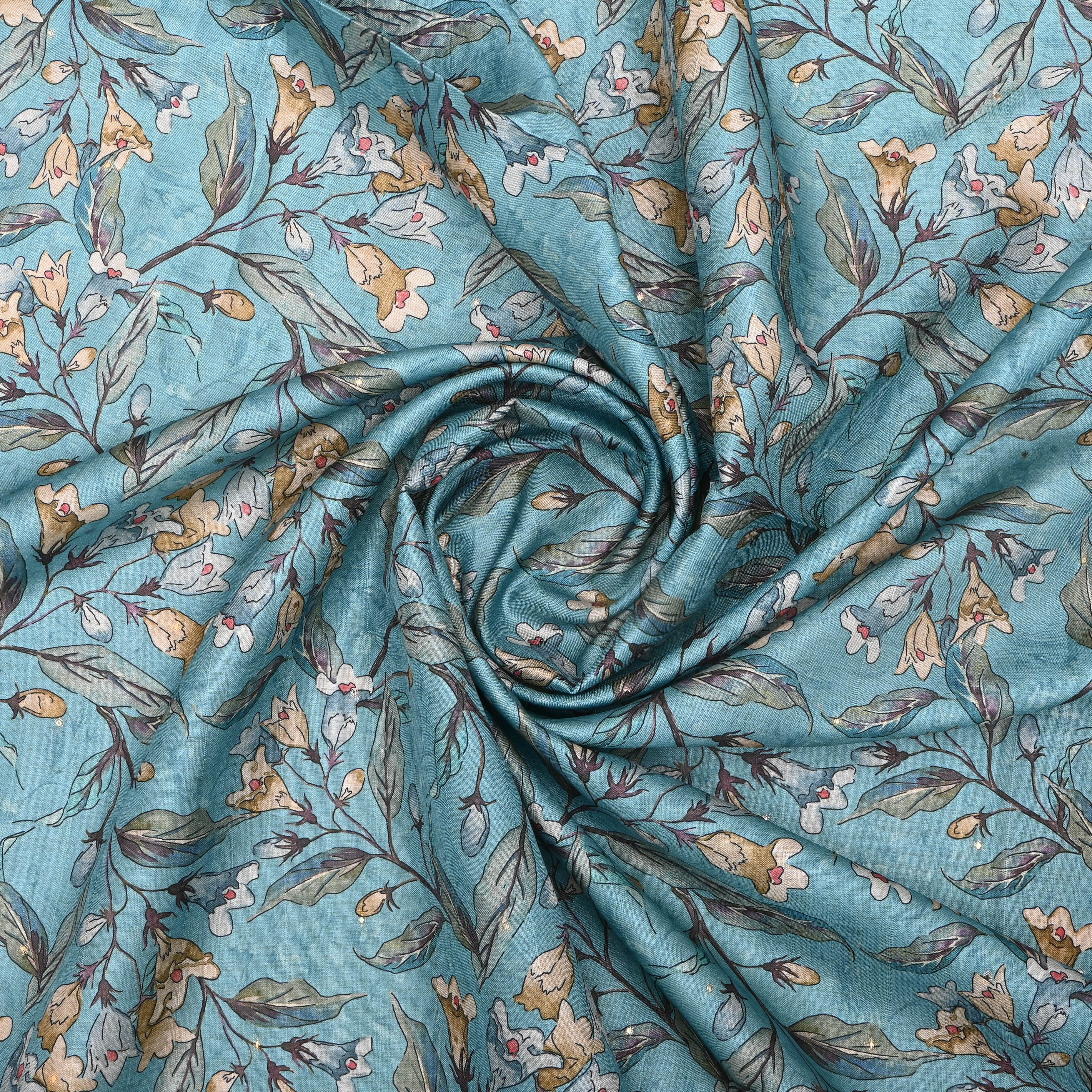 Sky Blue Tussar Fabric With Digital Prints