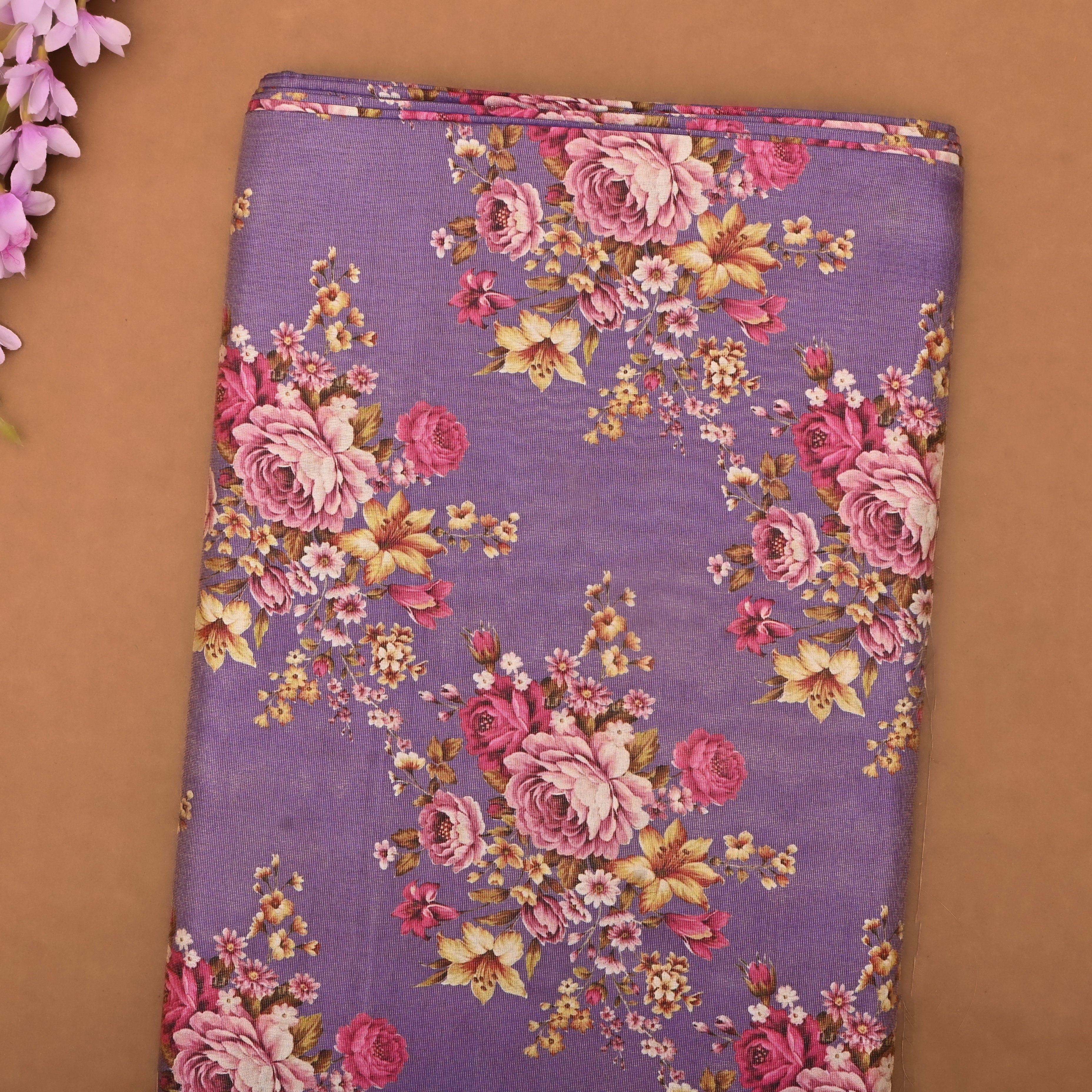 Amethyst Purple Tissue Fabric With Floral Prints