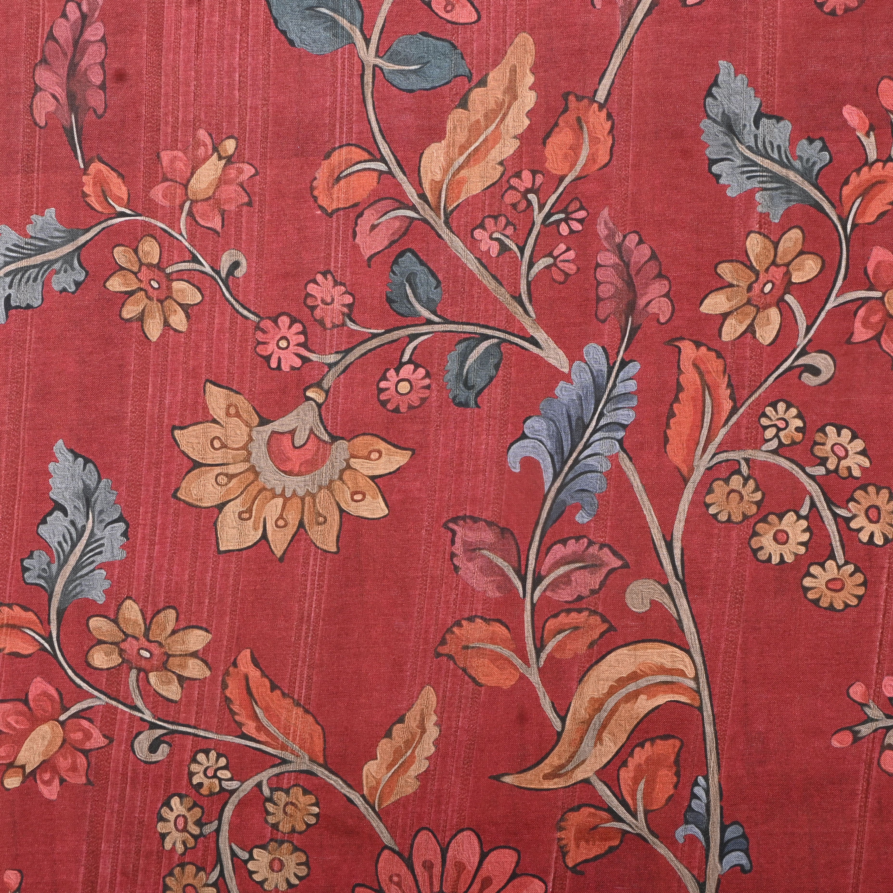 Red Tussar Fabric With Floral Prints