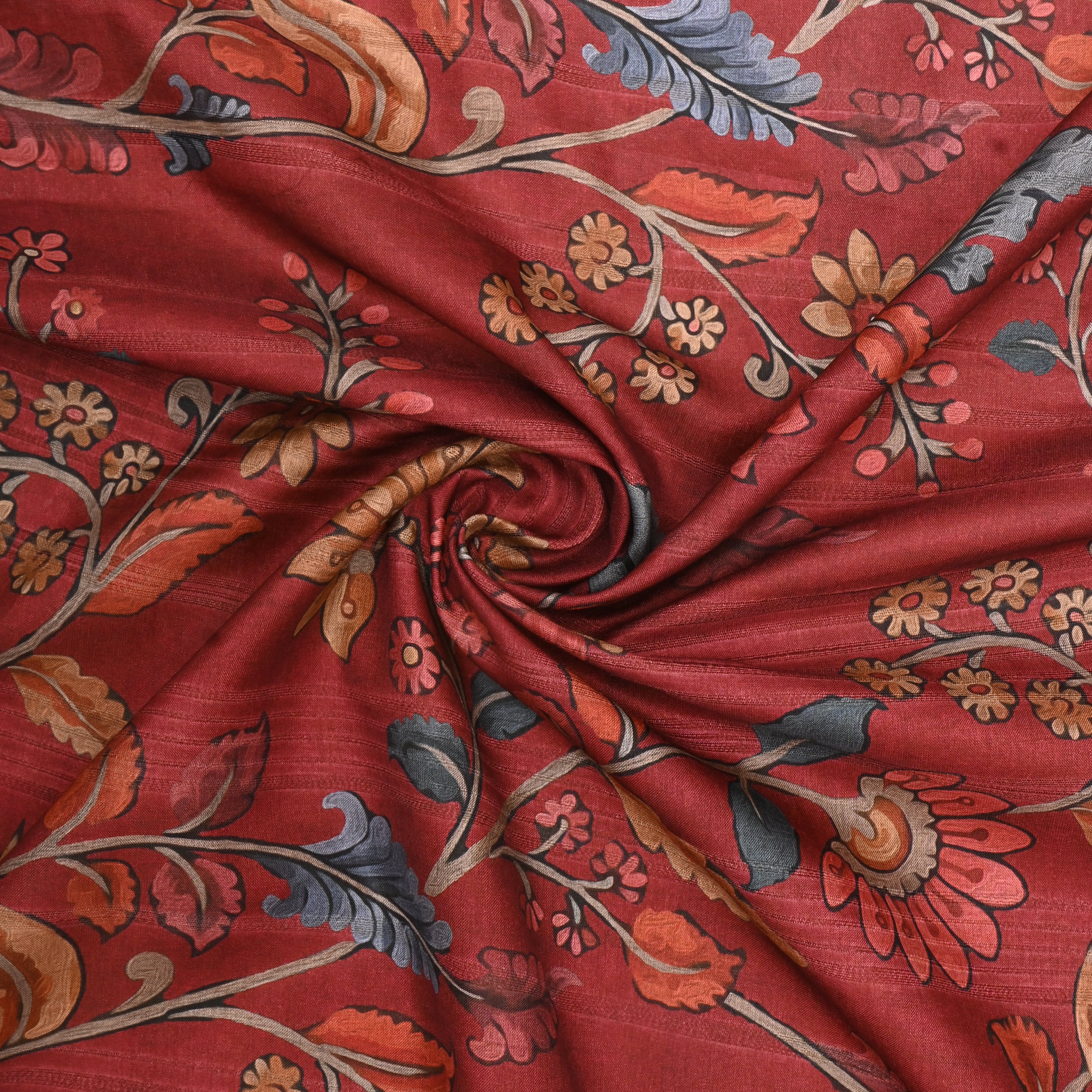 Red Tussar Fabric With Floral Prints