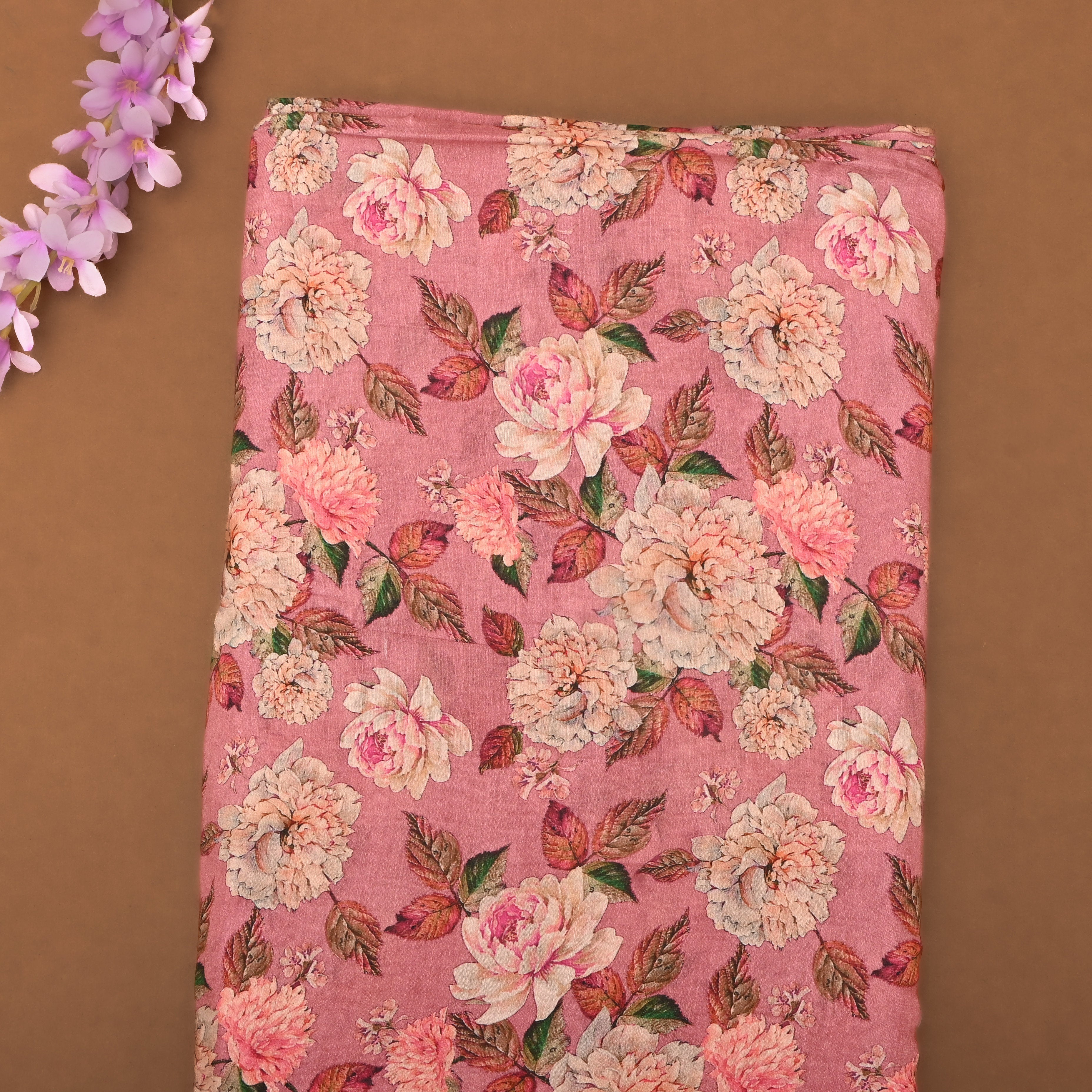 Salmon Pink Silk Fabric With Floral Prints