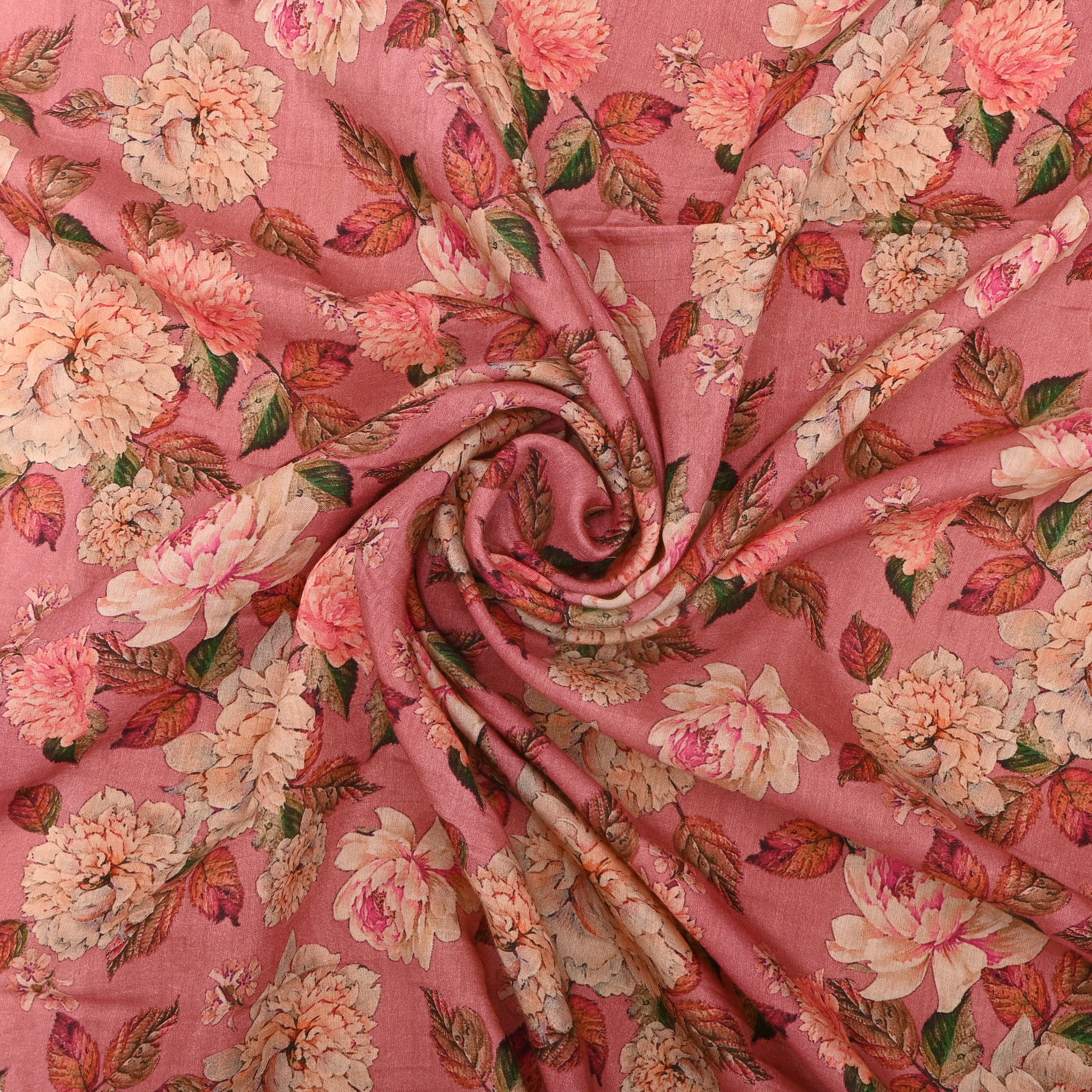 Salmon Pink Silk Fabric With Floral Prints