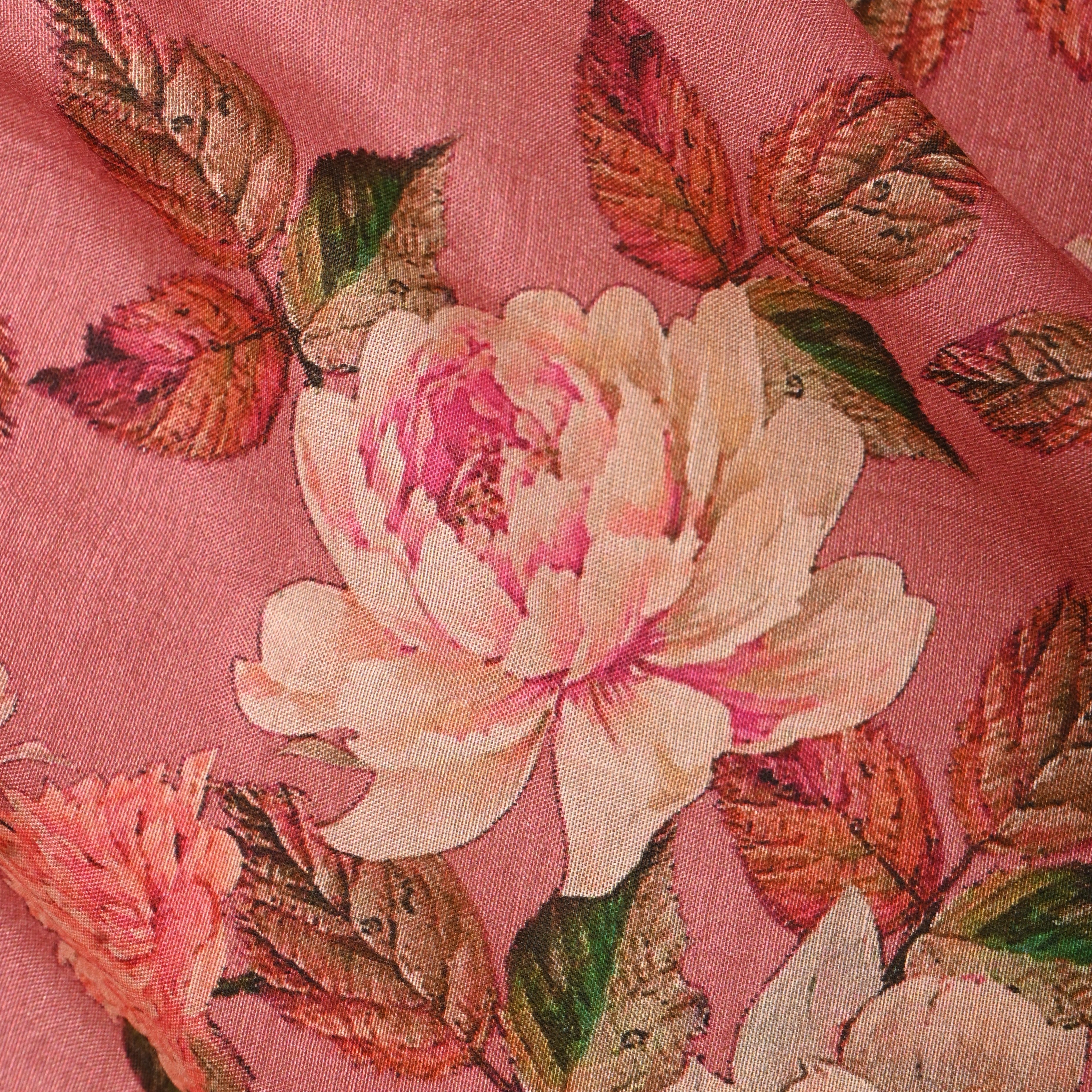 Salmon Pink Silk Fabric With Floral Prints