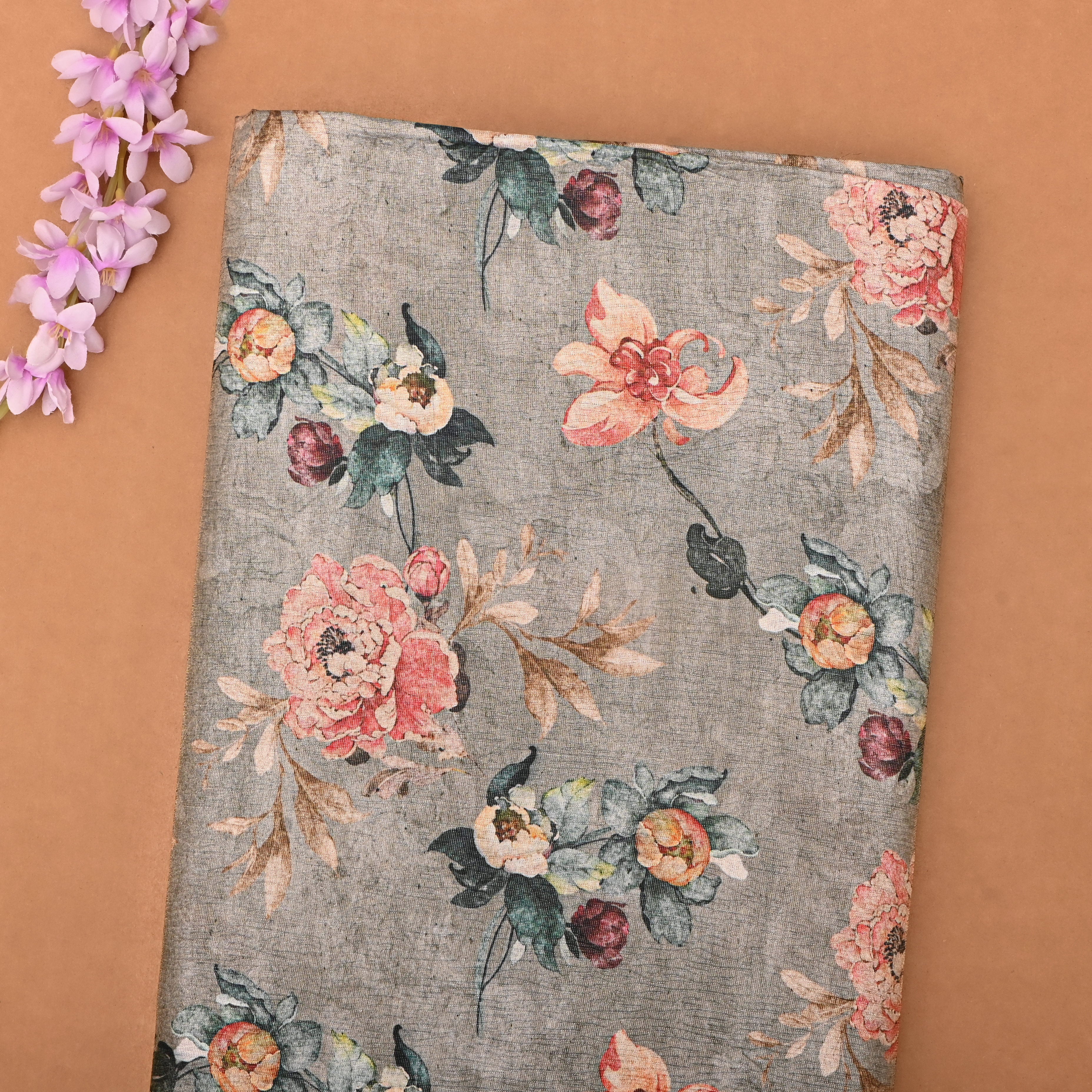 Light Brown Tissue Fabrics With Floral Prints
