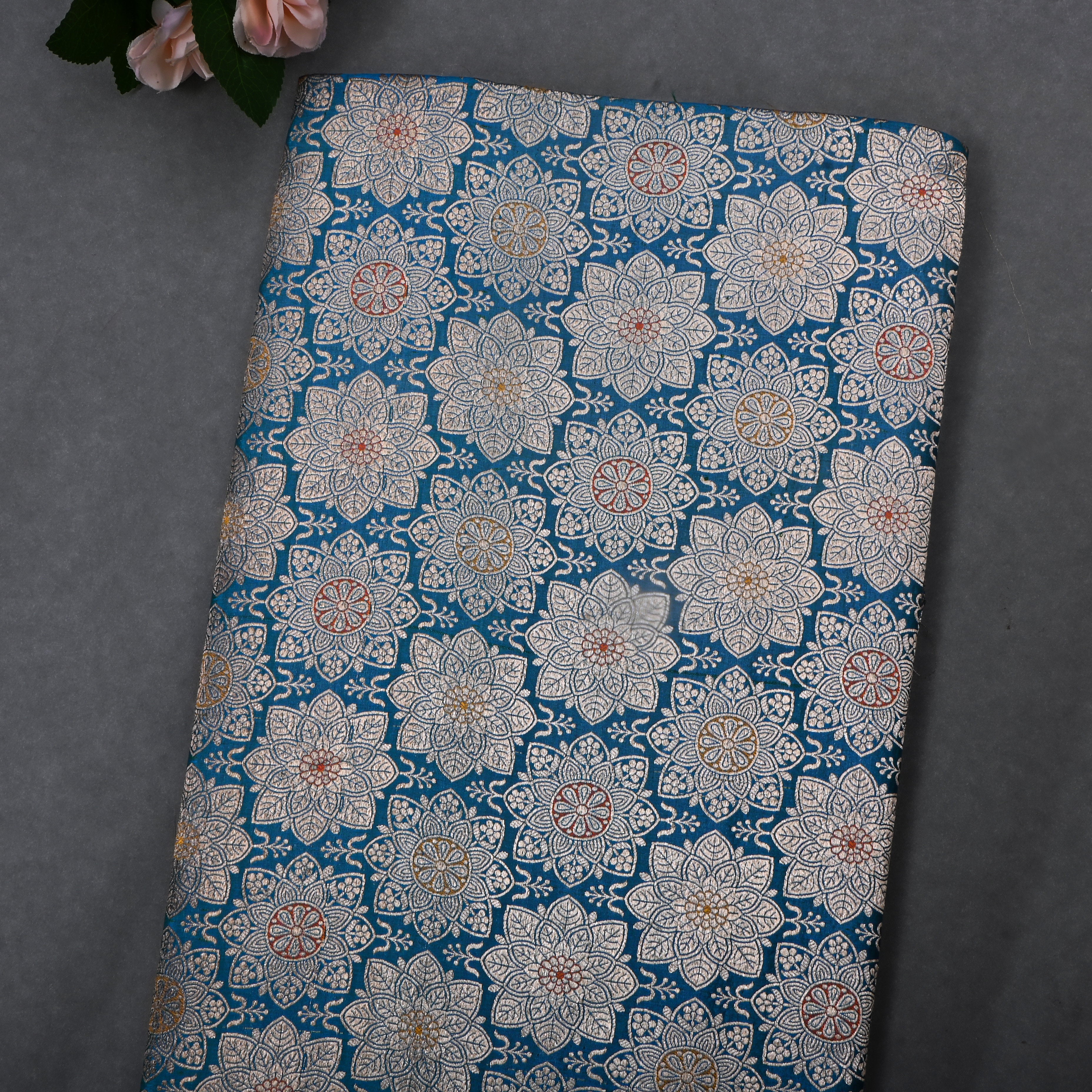 Chathams Blue Jamawar Silk Fabric With Floral Design