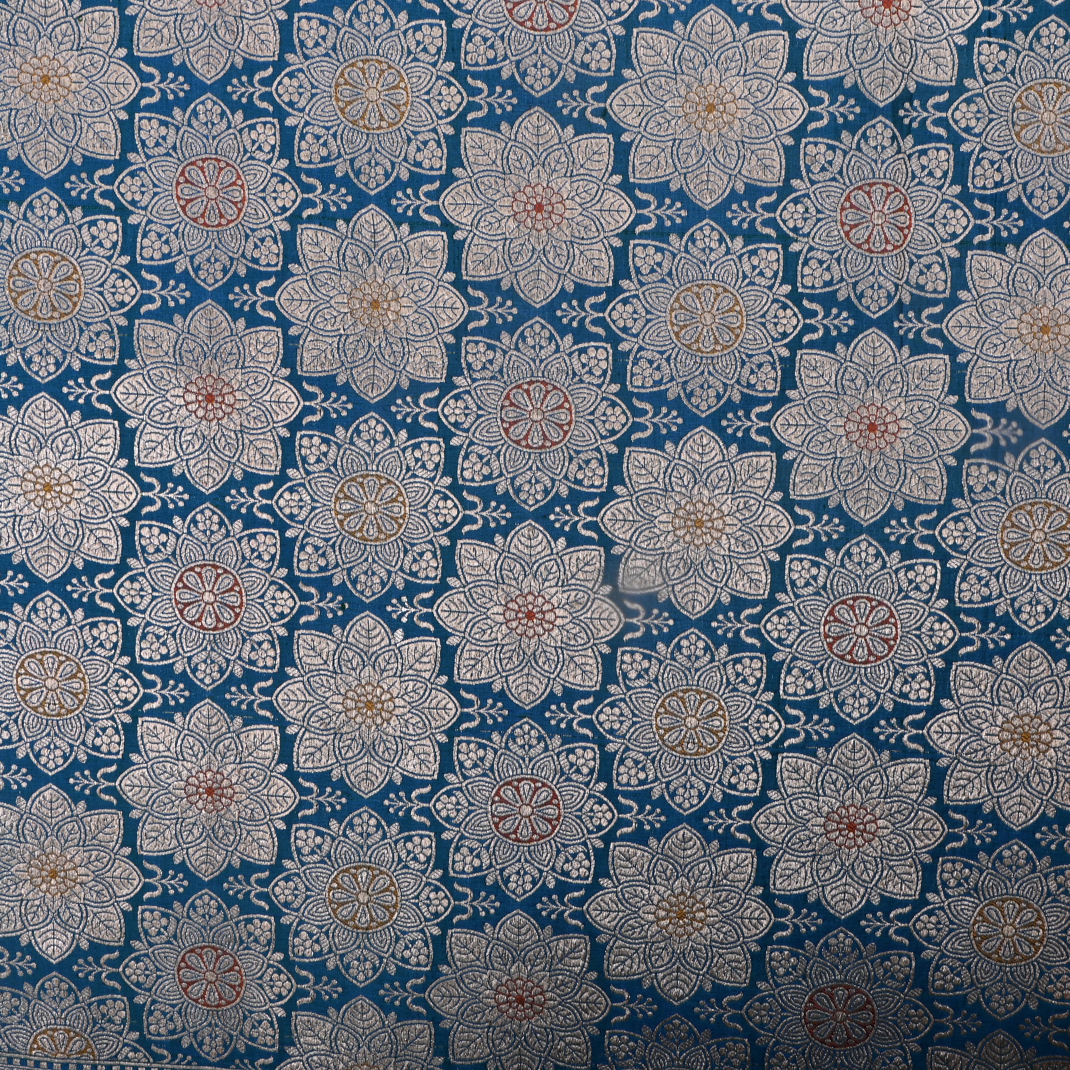 Chathams Blue Jamawar Silk Fabric With Floral Design