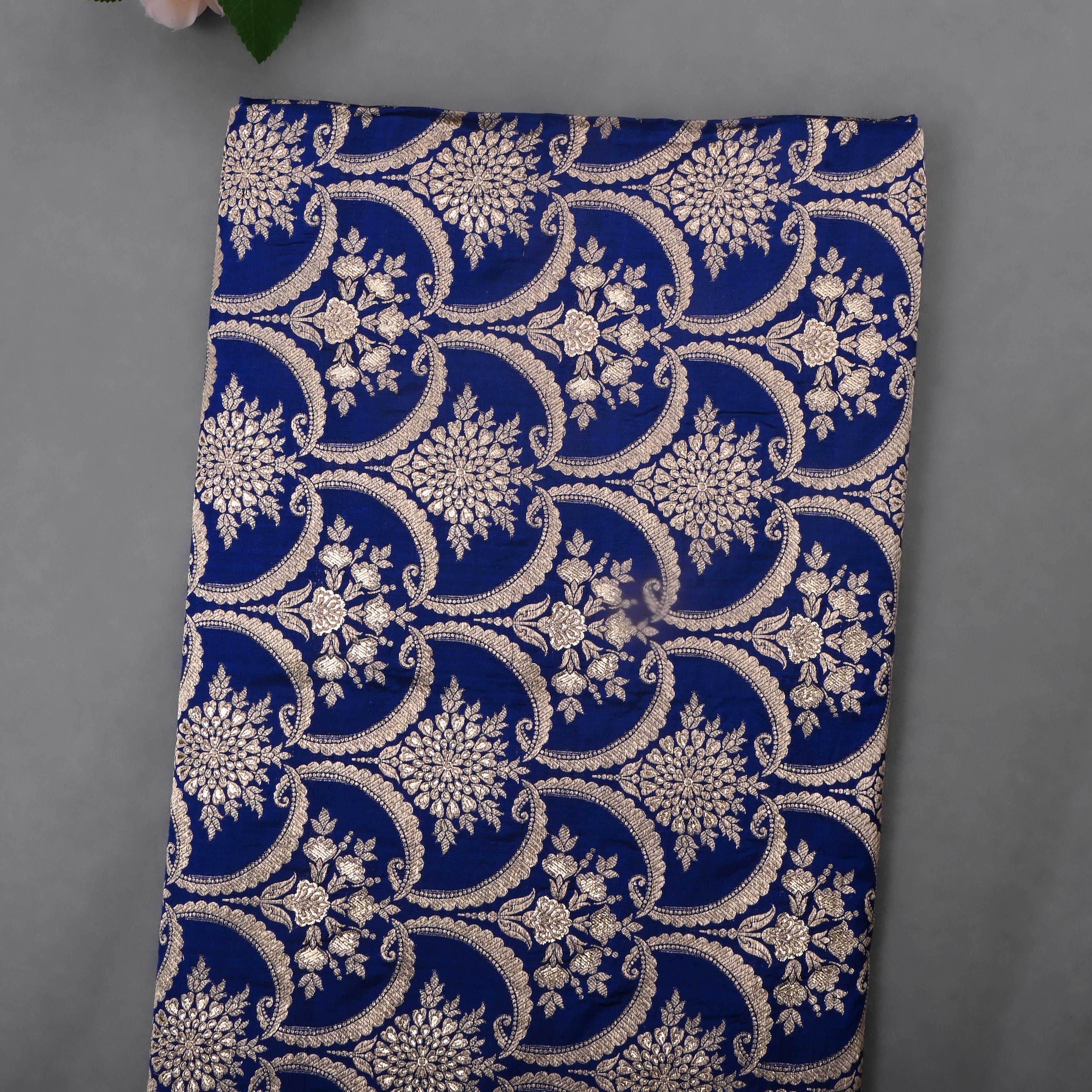 Gulf Blue Jamawar Silk Fabric With Scallop Design