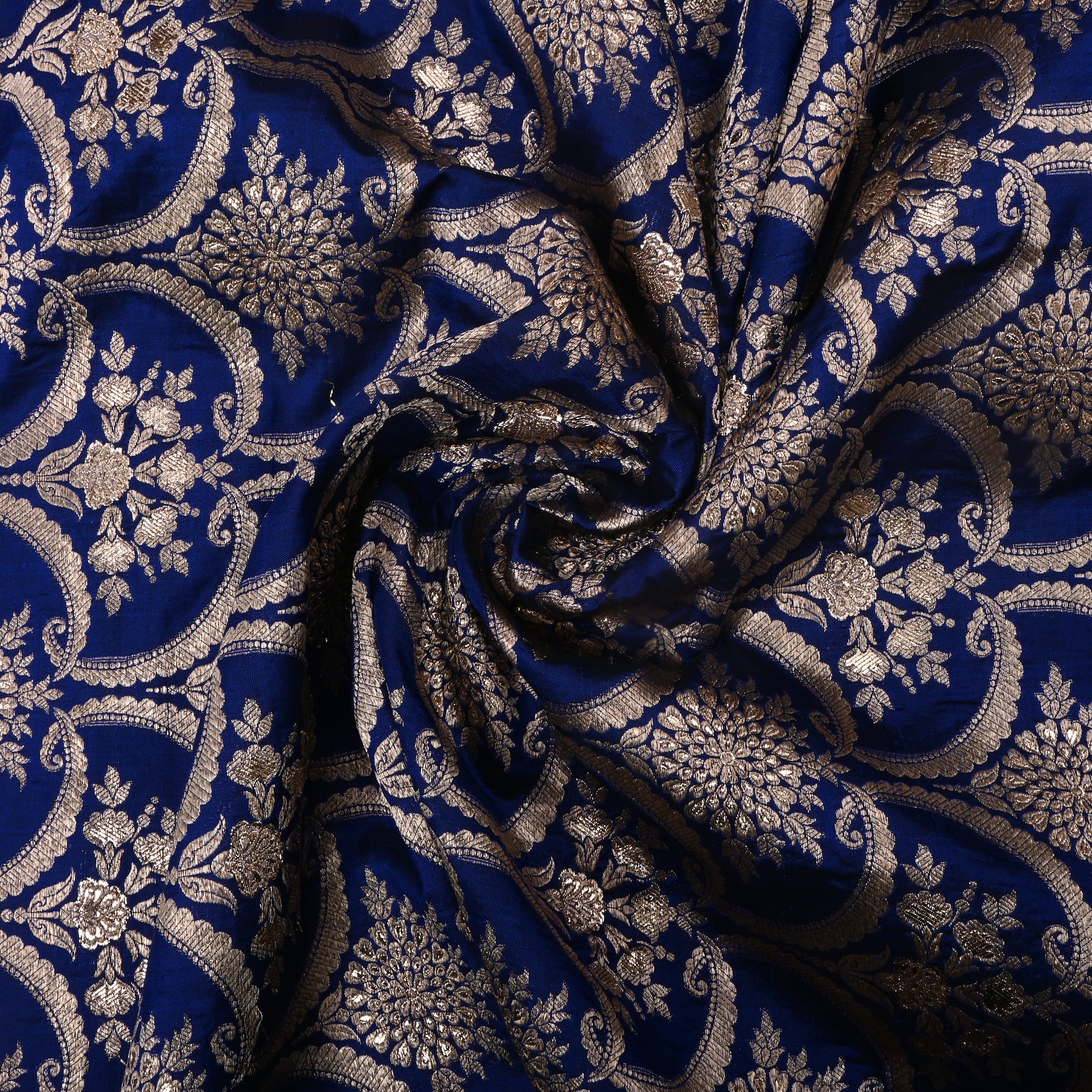 Gulf Blue Jamawar Silk Fabric With Scallop Design