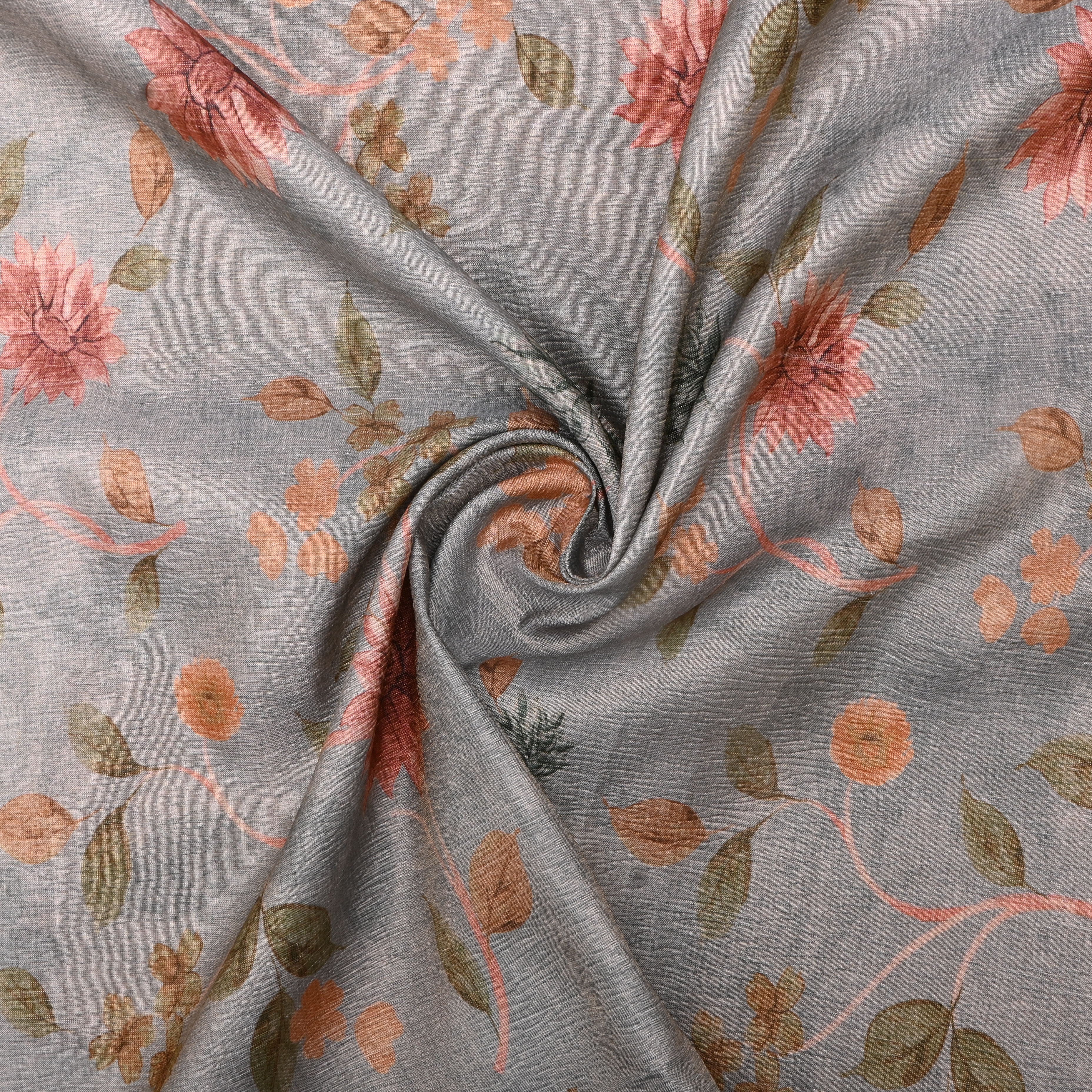 Grey Tissue Fabric With Floral Digital Prints