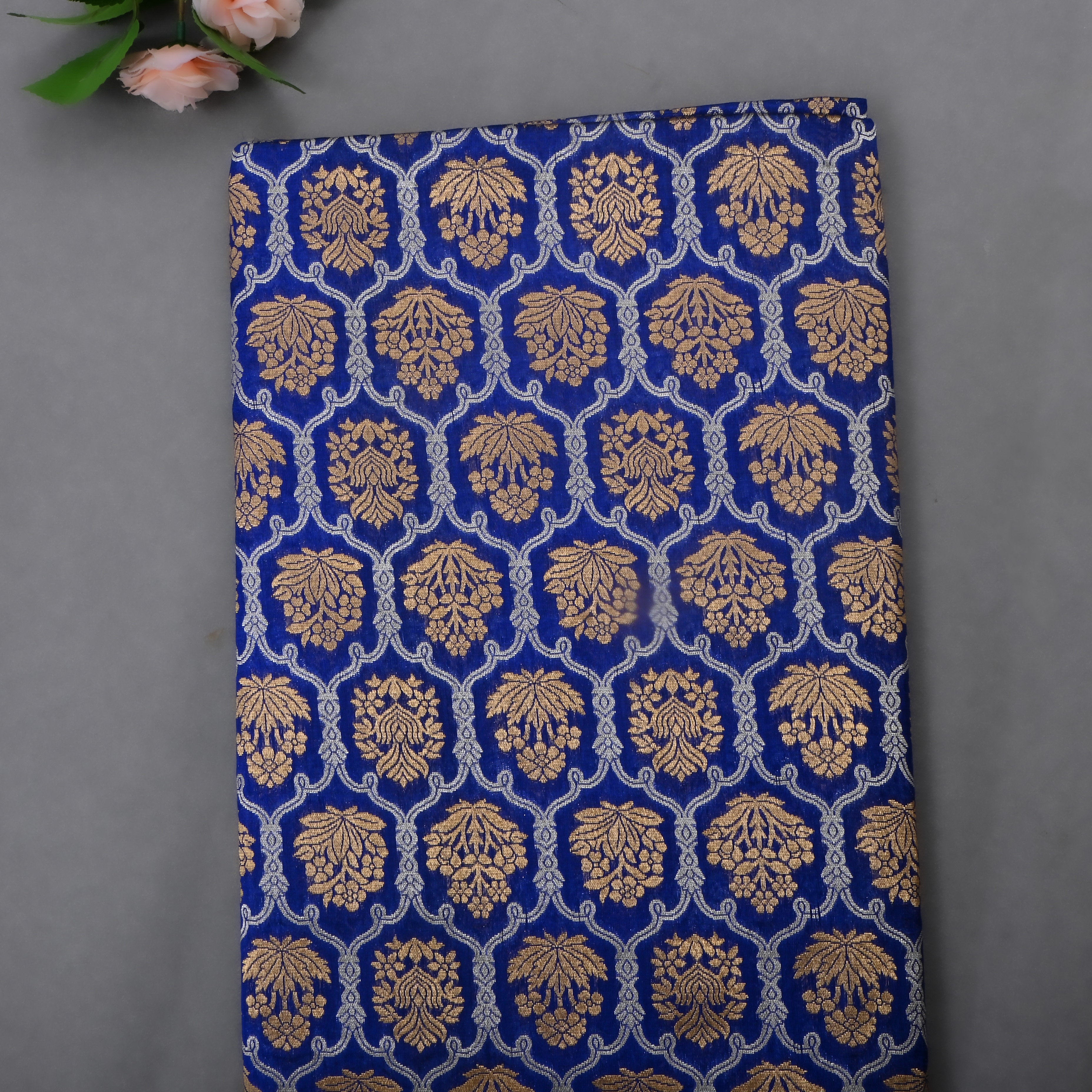 Admiral Blue Jamawar Silk Fabric With Hexagon Design