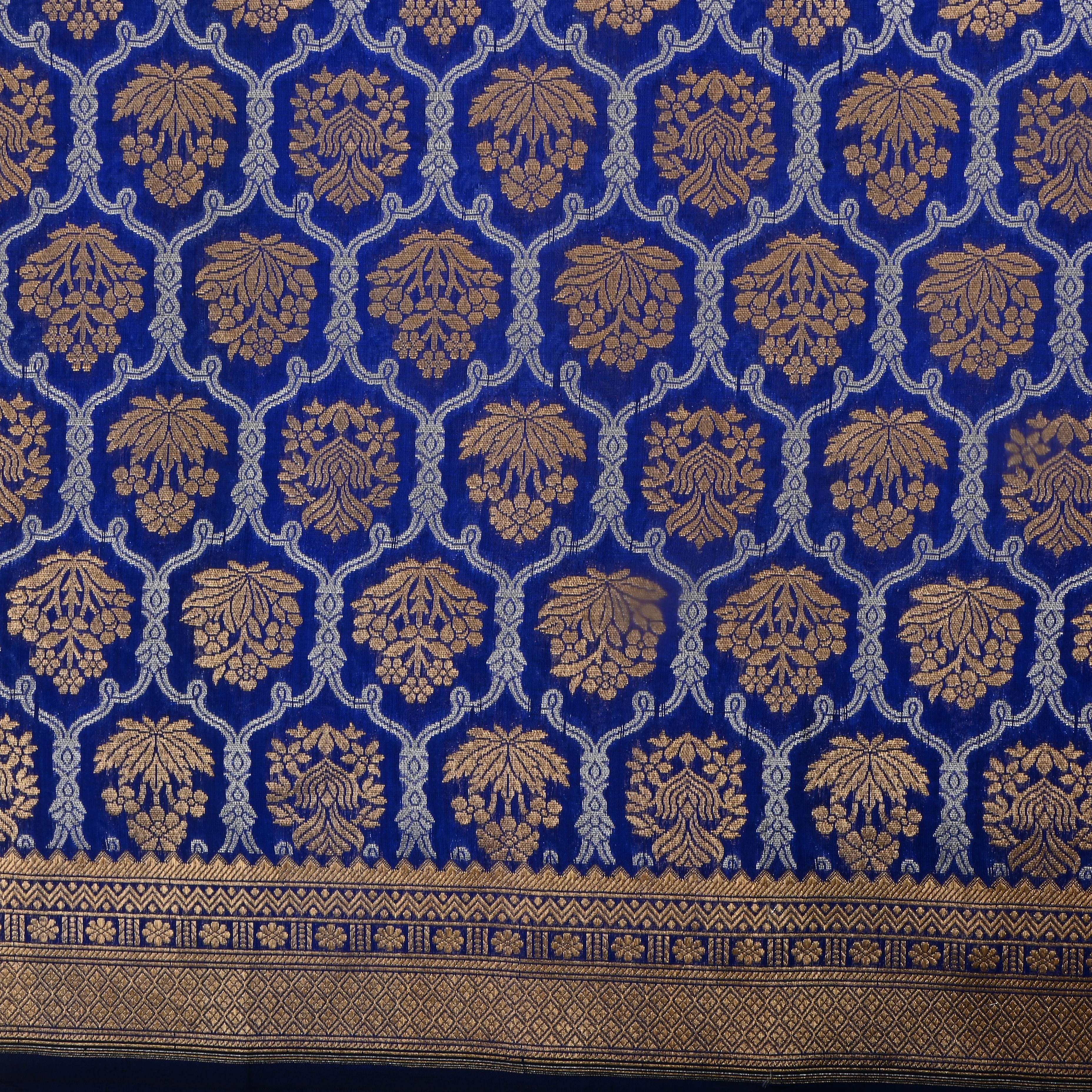 Admiral Blue Jamawar Silk Fabric With Hexagon Design