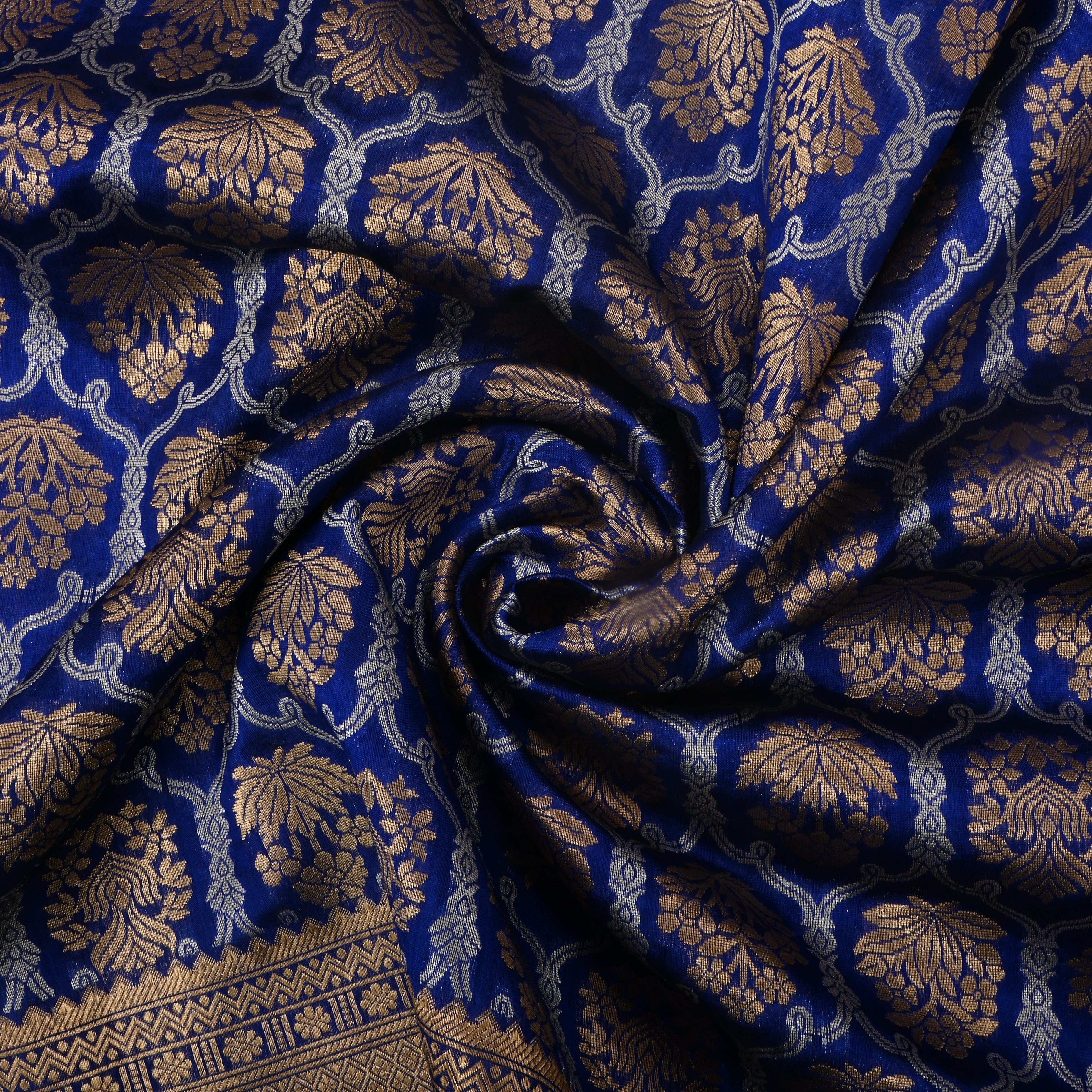 Admiral Blue Jamawar Silk Fabric With Hexagon Design