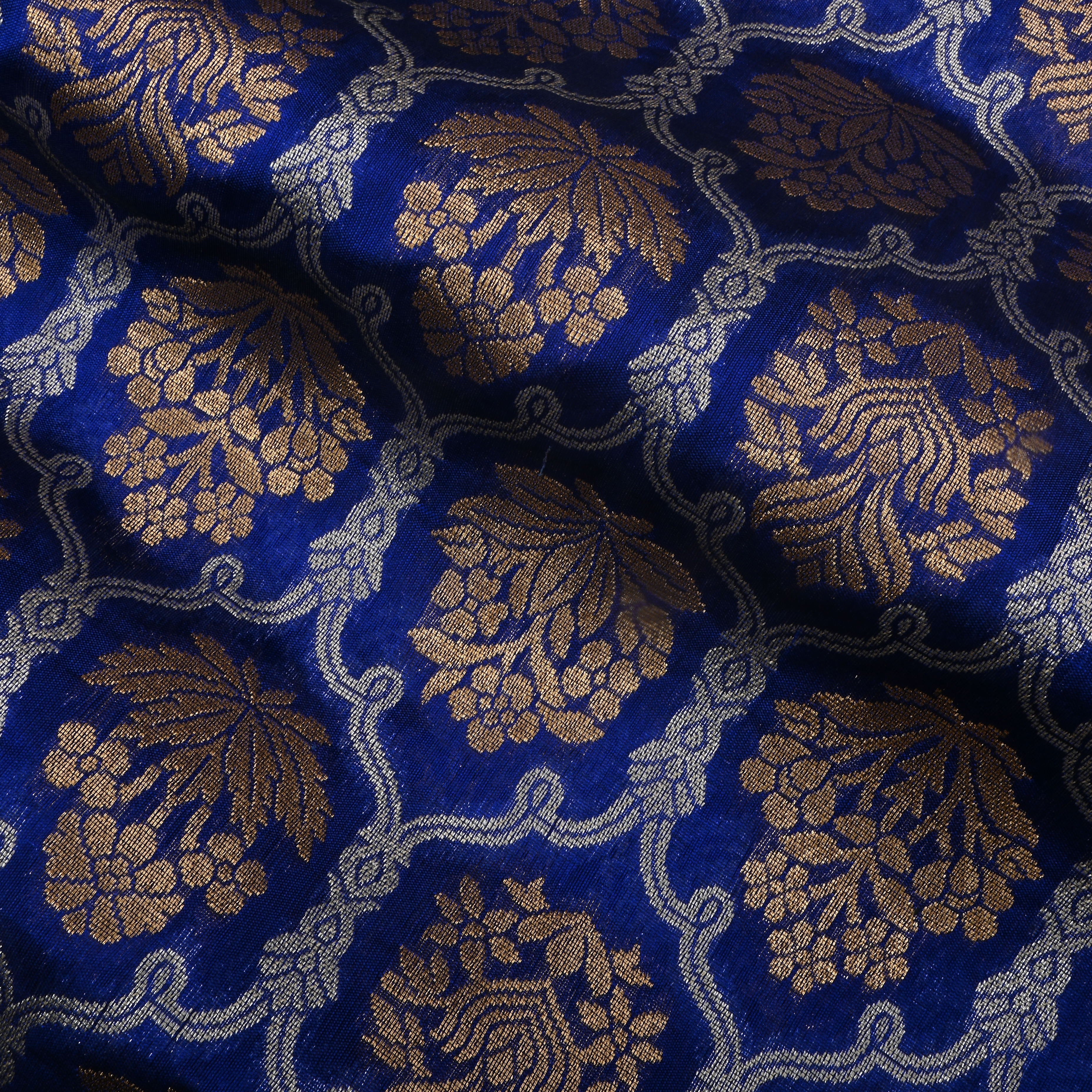 Admiral Blue Jamawar Silk Fabric With Hexagon Design