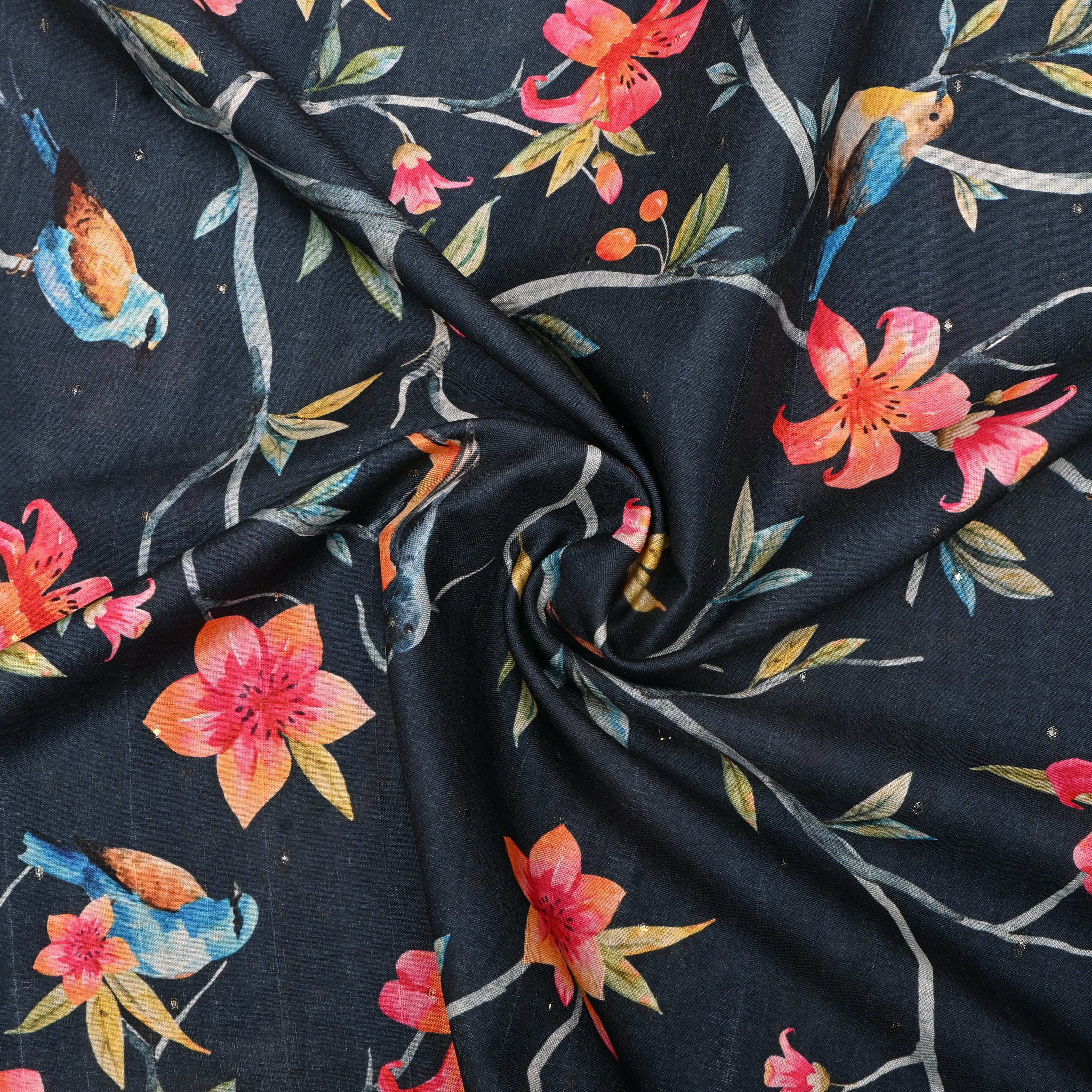 Dark Deep Blue Tussar Fabric With Digital Prints