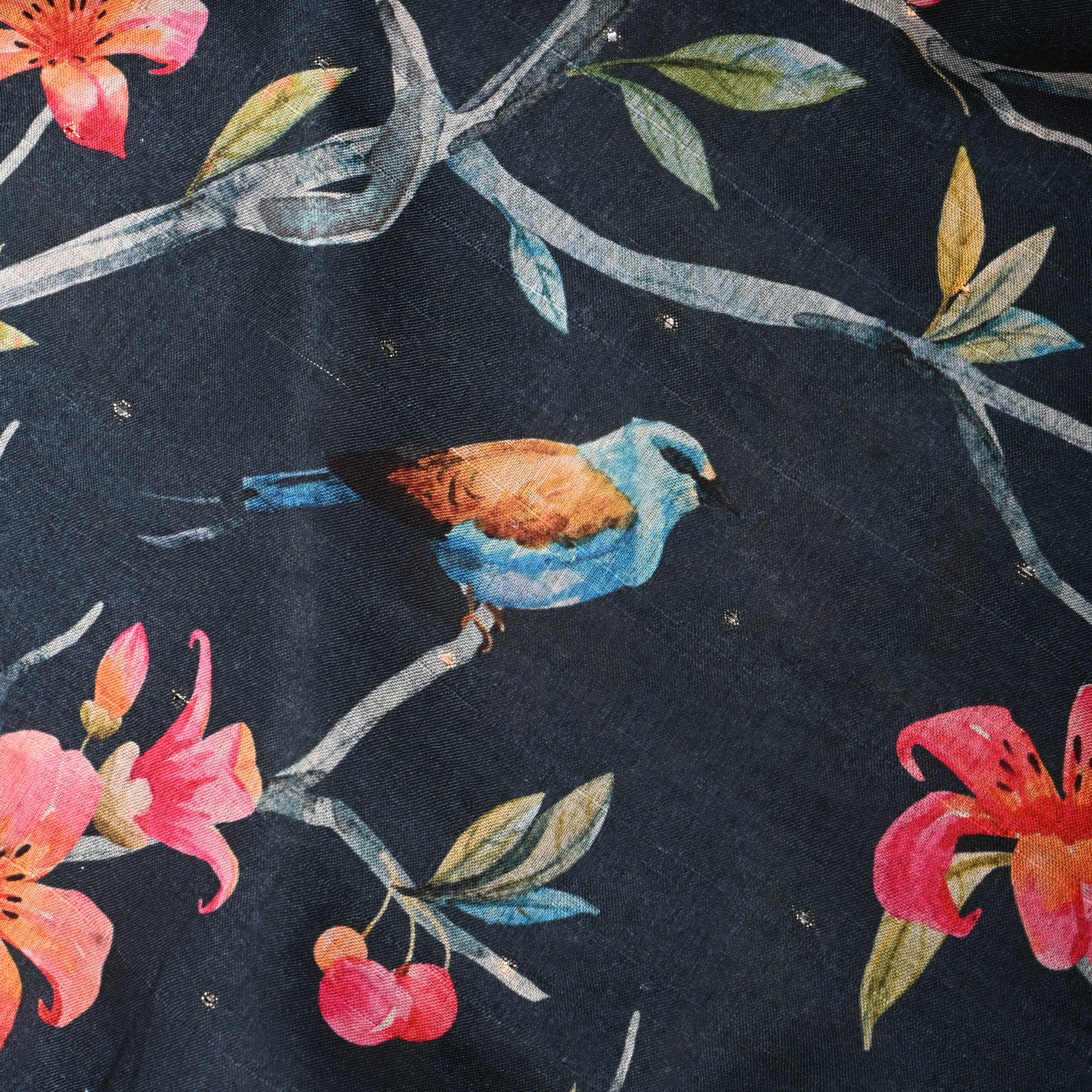 Dark Deep Blue Tussar Fabric With Digital Prints