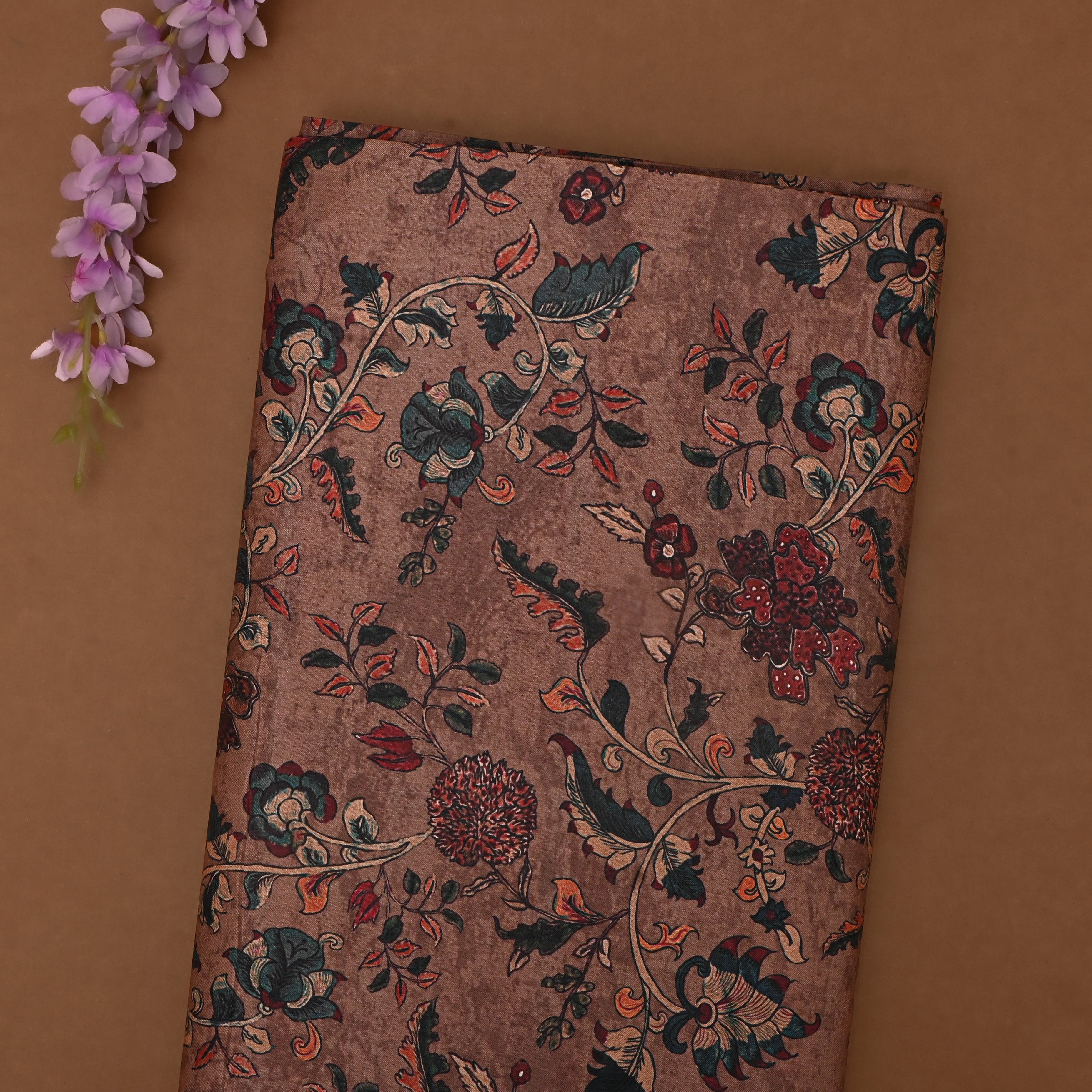 Spicy Mix Brown Tussar Fabric With Printed Design