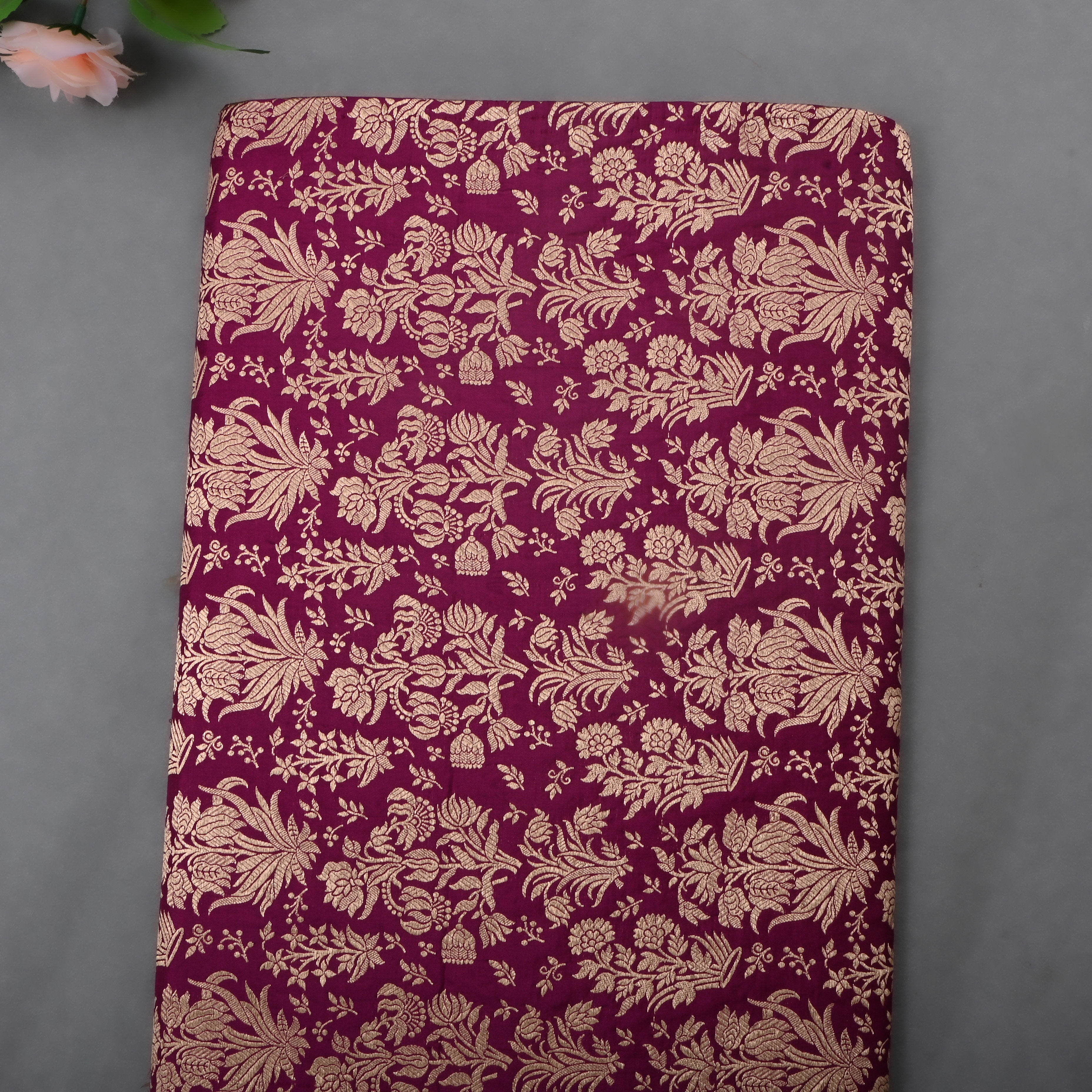 Black Rose Jamawar Silk Fabric With Floral Design