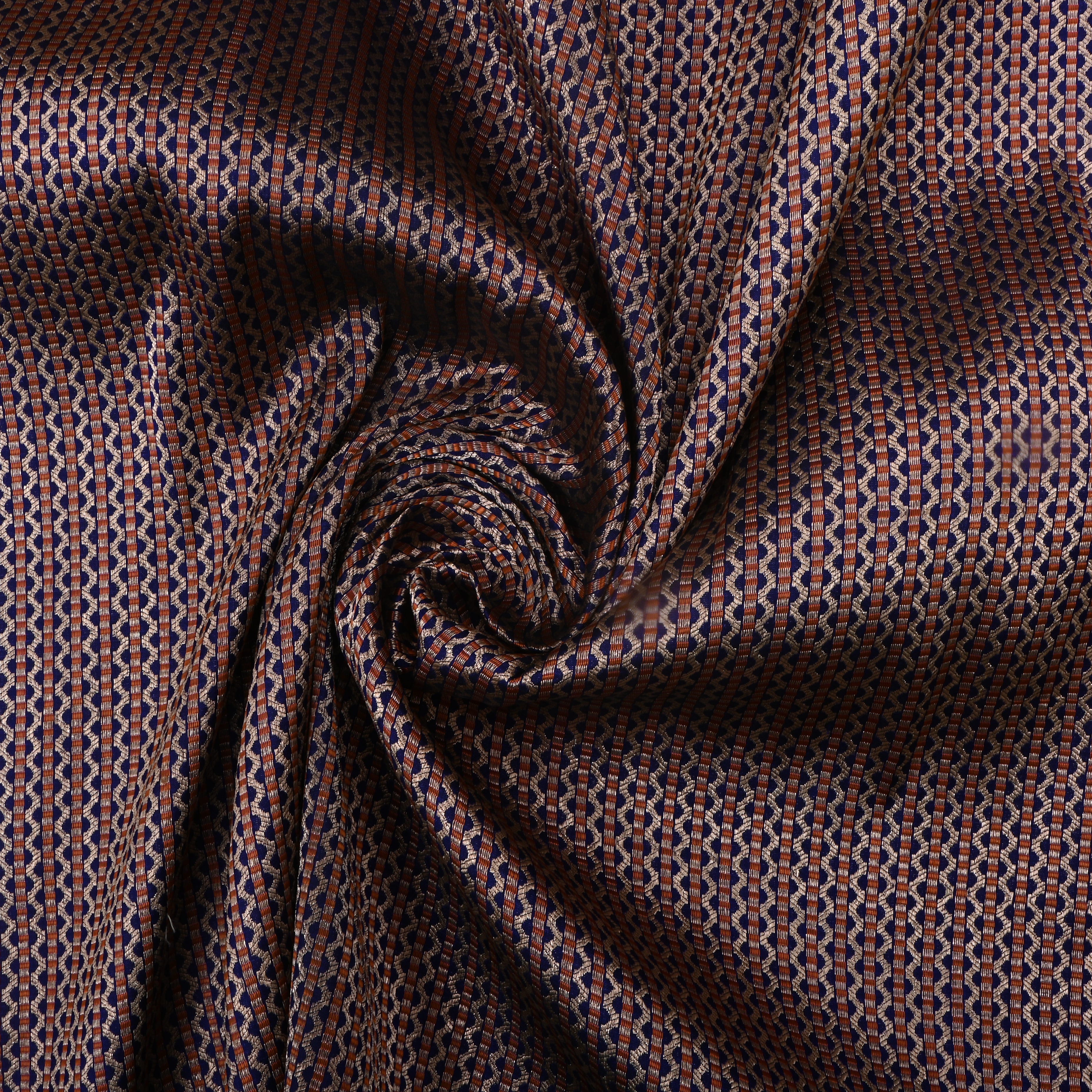 Dark Navy Blue Jamawar Silk Fabric With Stripes