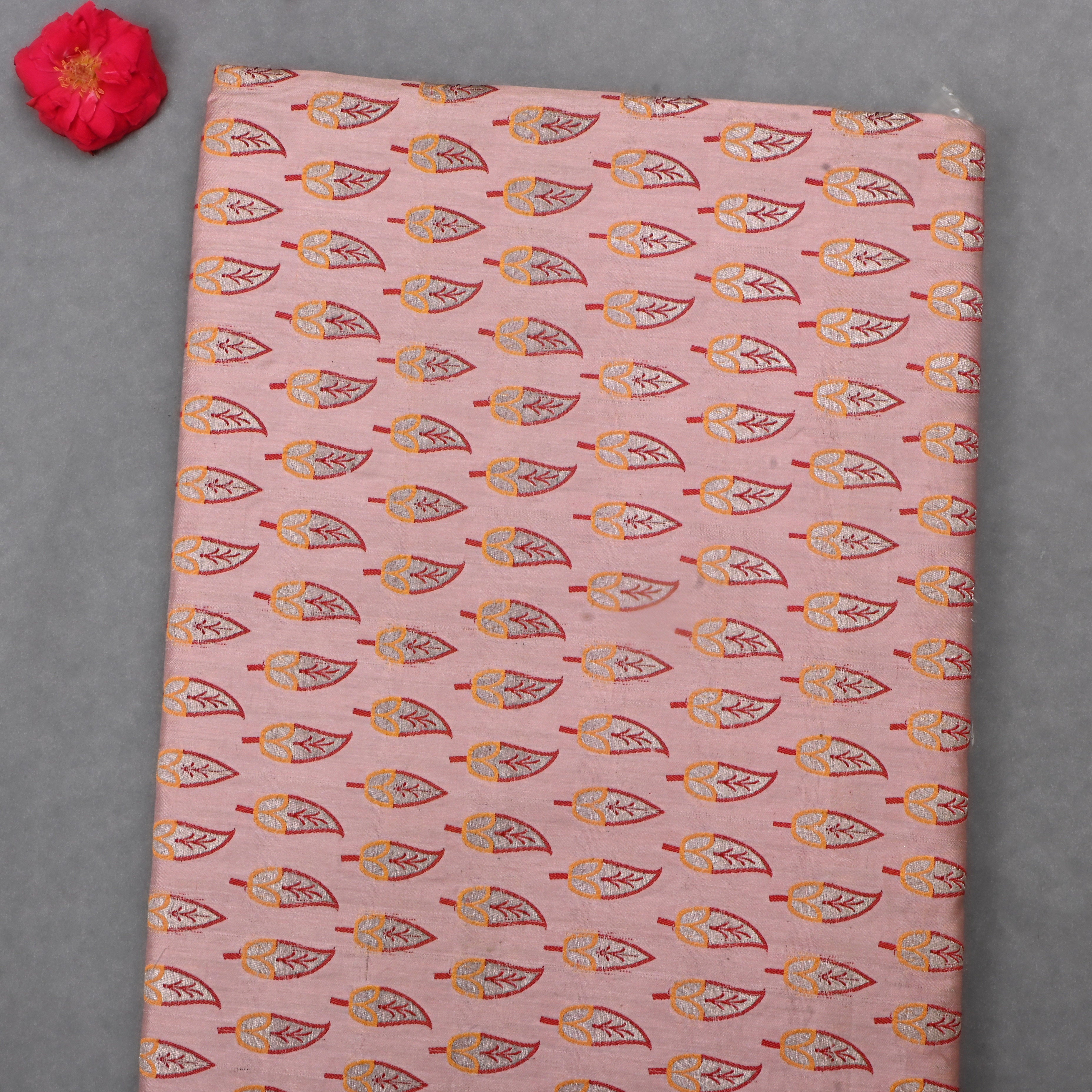 Pastel Pink Jamawar Silk Fabric With Emboidery