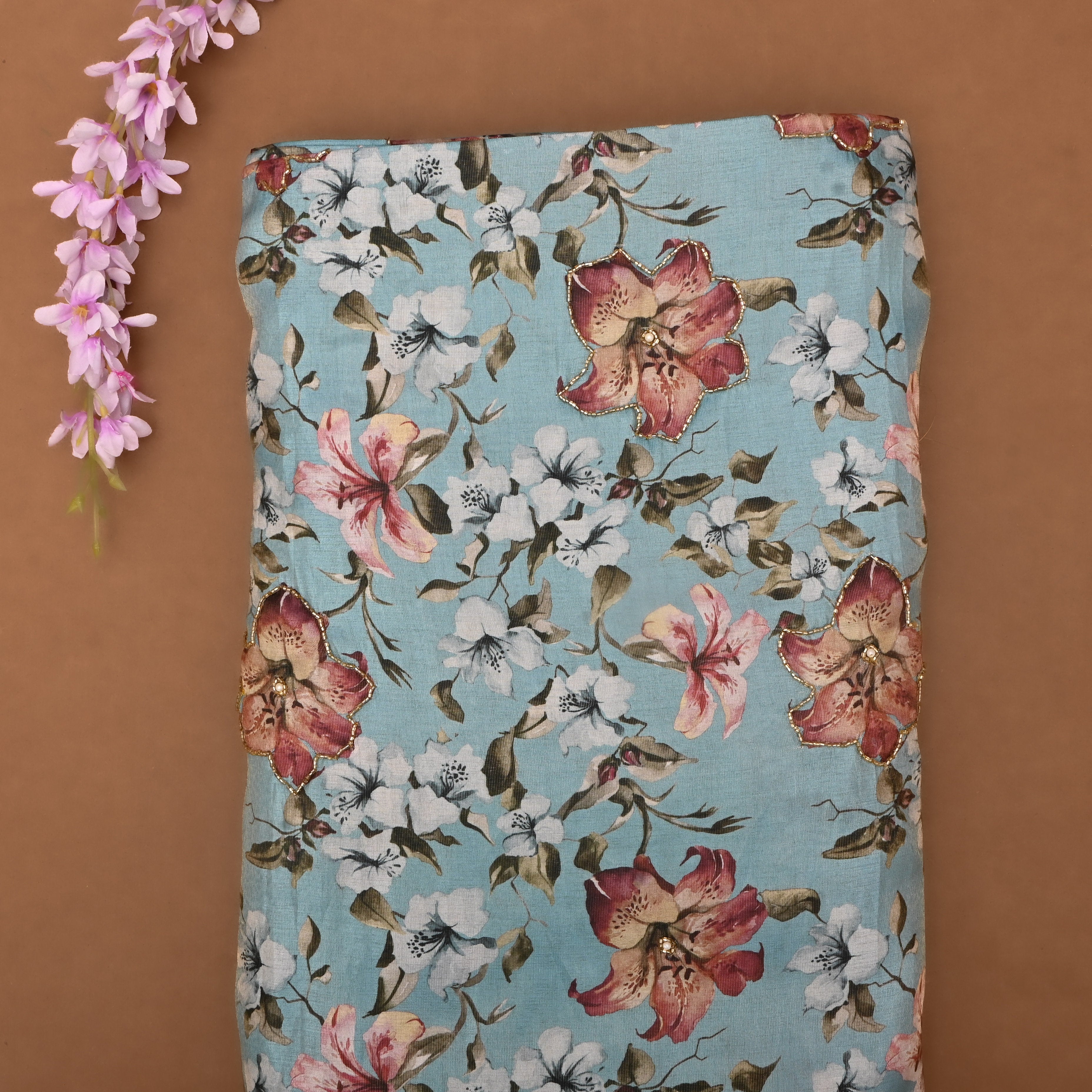 Sky Blue Tissue Fabric With Printed Designs