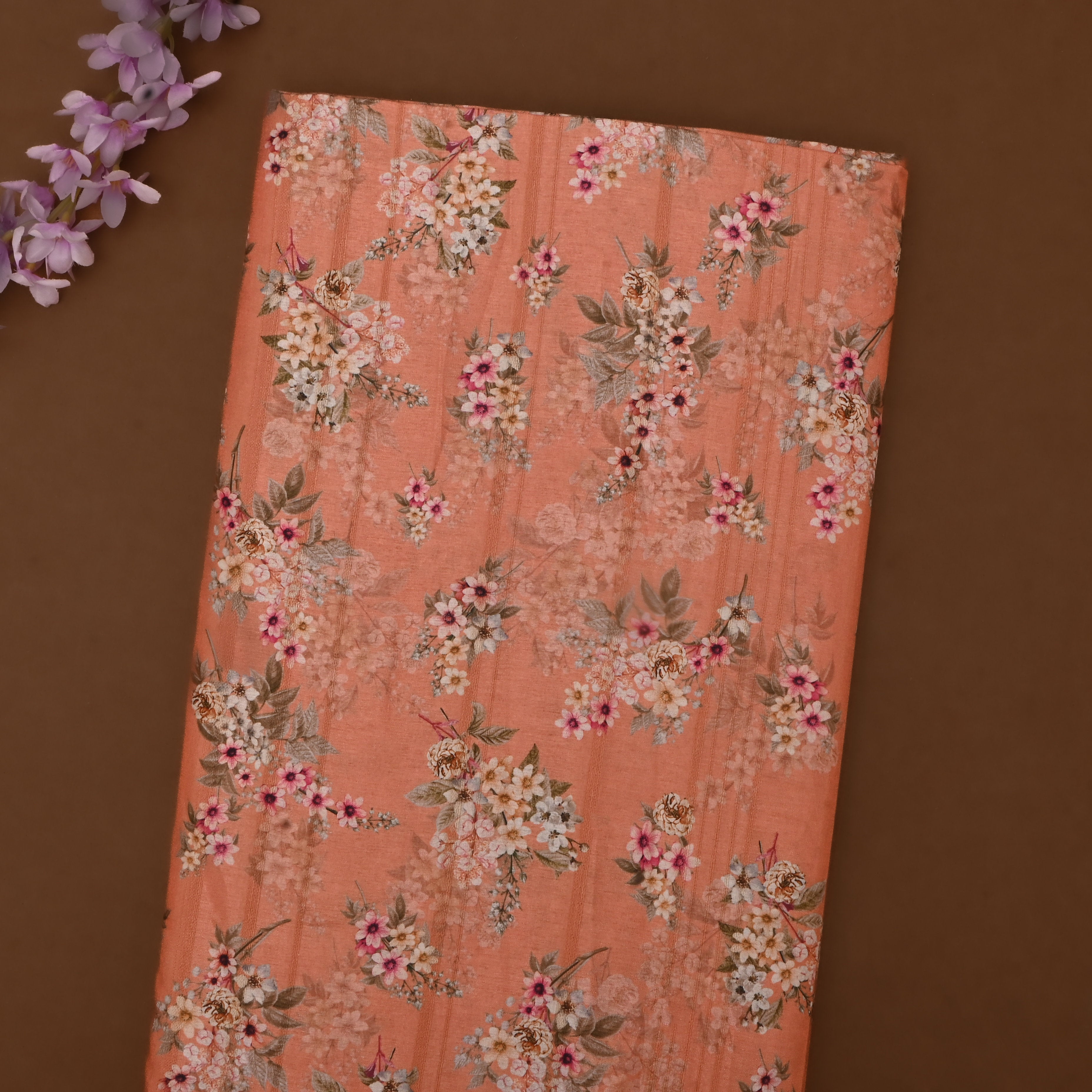 Dusty Orange Tussar Fabric With Floral Prints