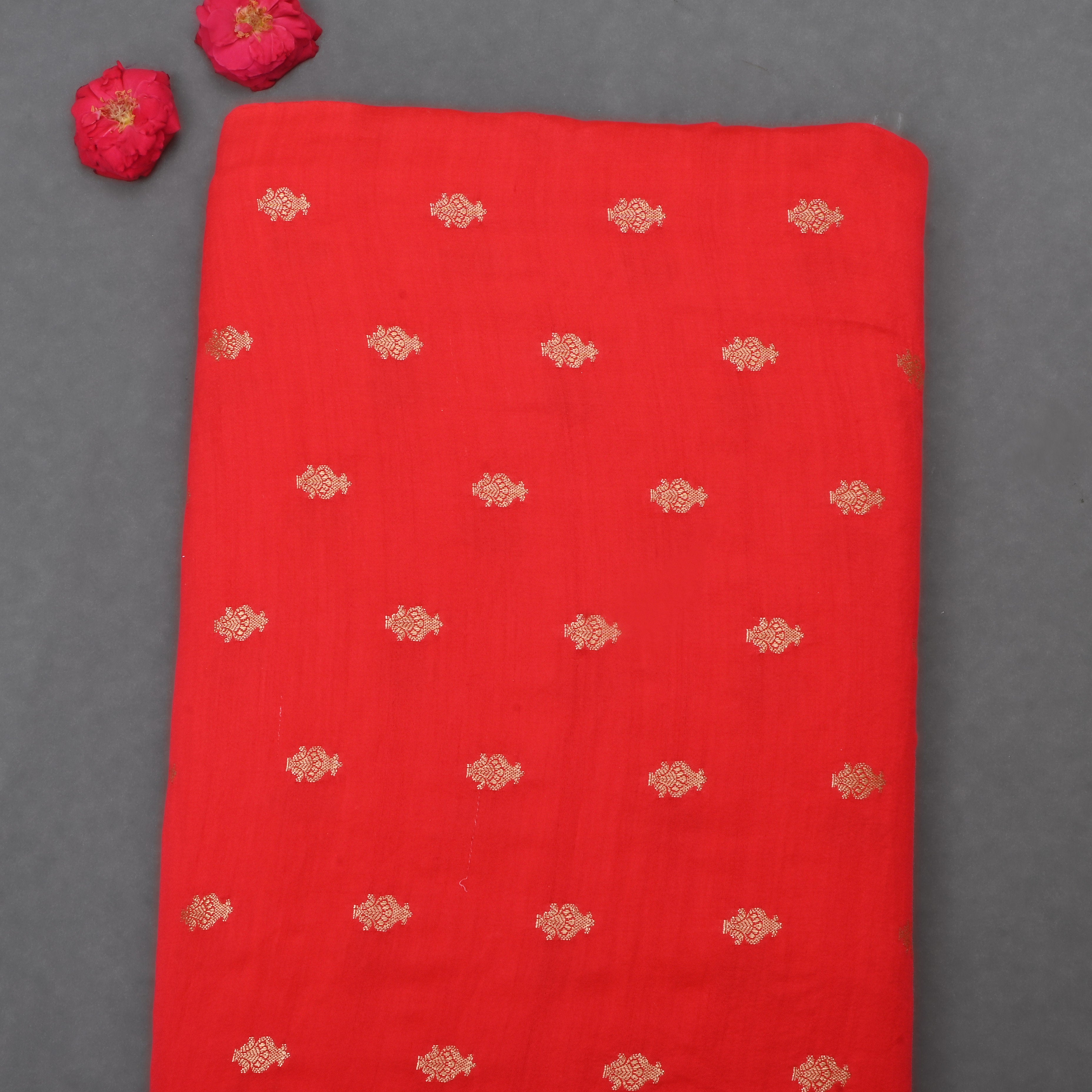 Reddish Orange Jamawar Silk Fabric With Butti'S