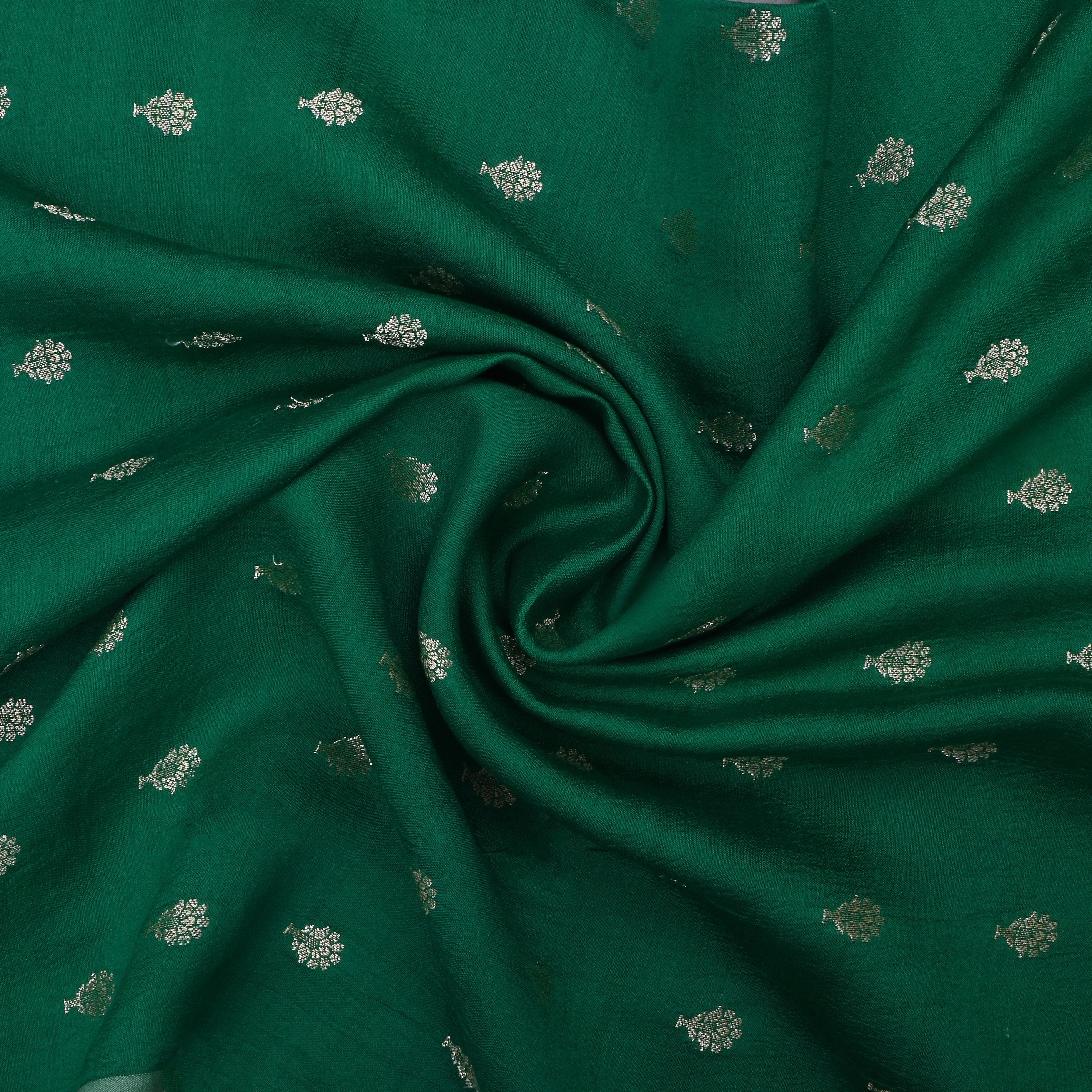 Spruce Green Jamawar Silk Fabric With Floral Butti'S