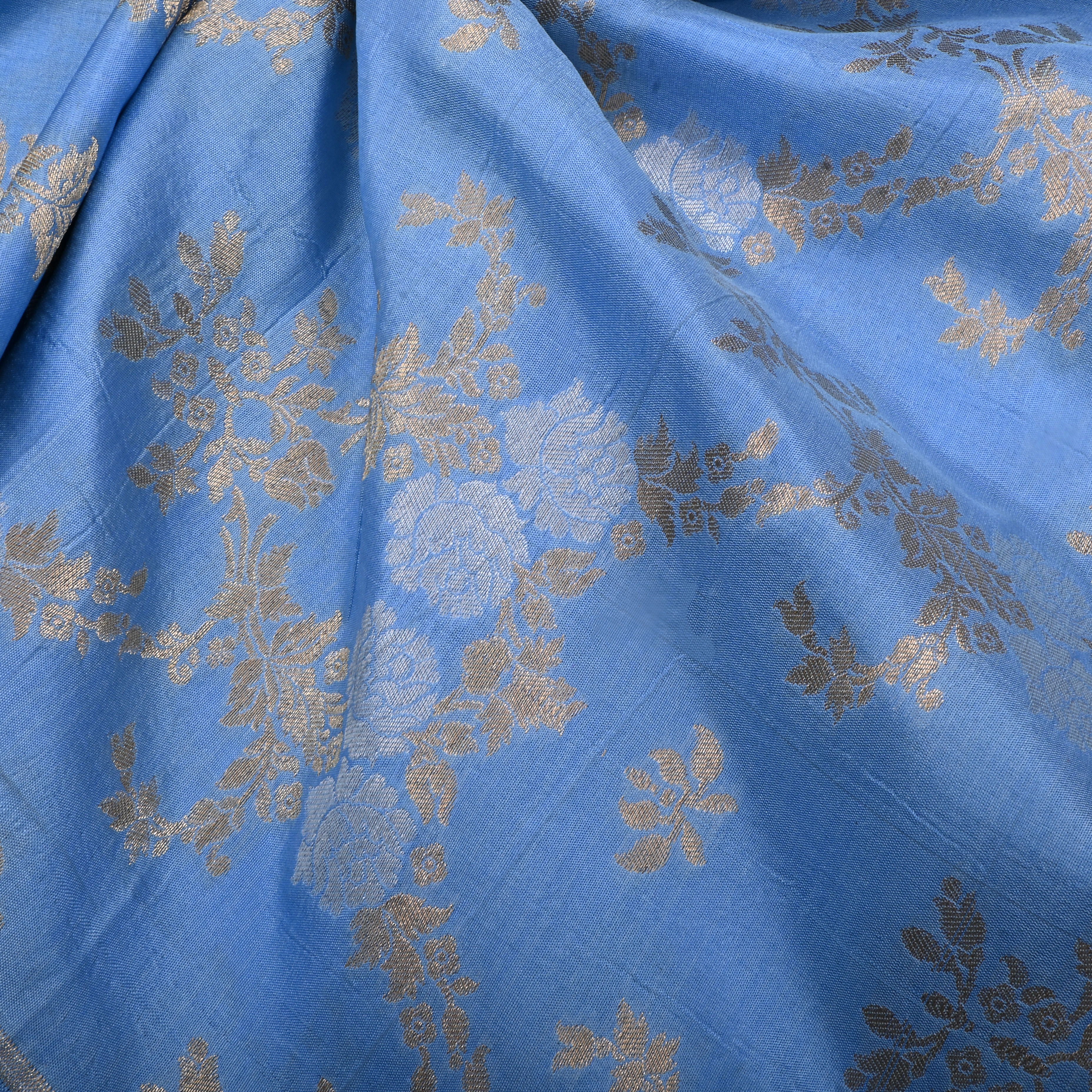 Cornflower Blue Jamawar Silk Fabric With Floral Jaal