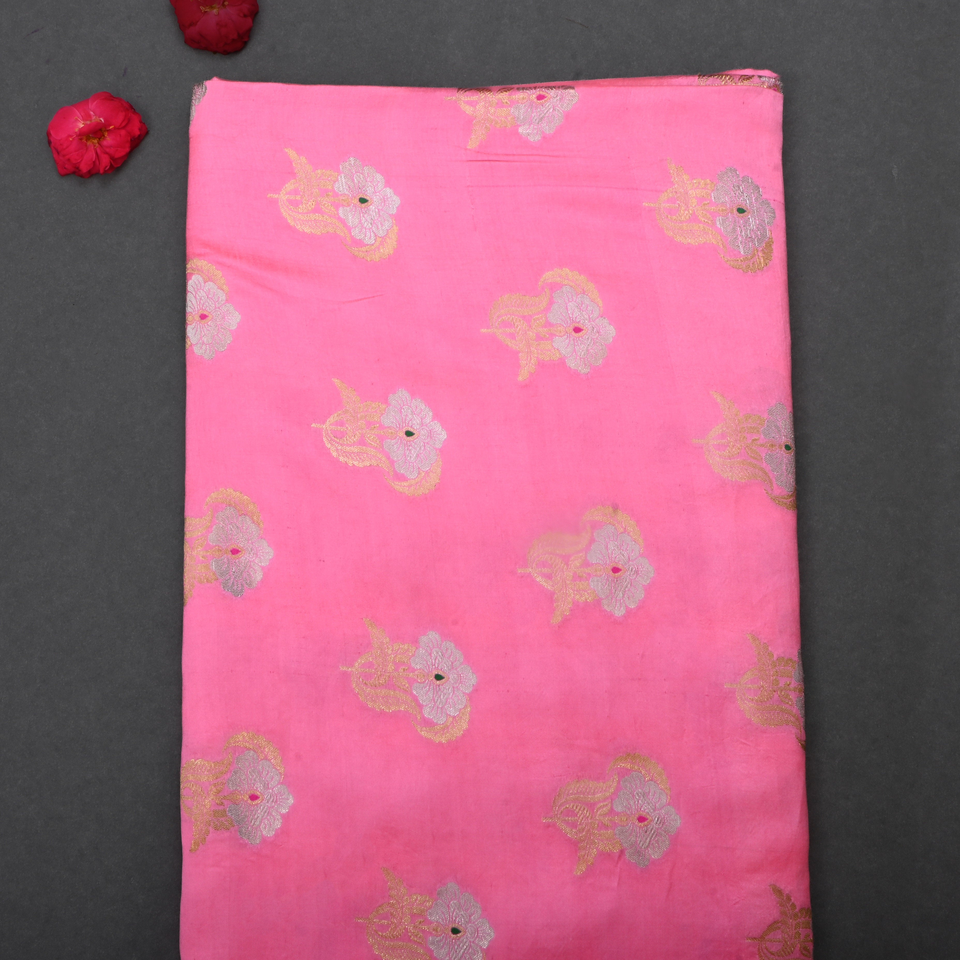 Taffy Pink Jamawar Silk Fabric With Floral Butti'S