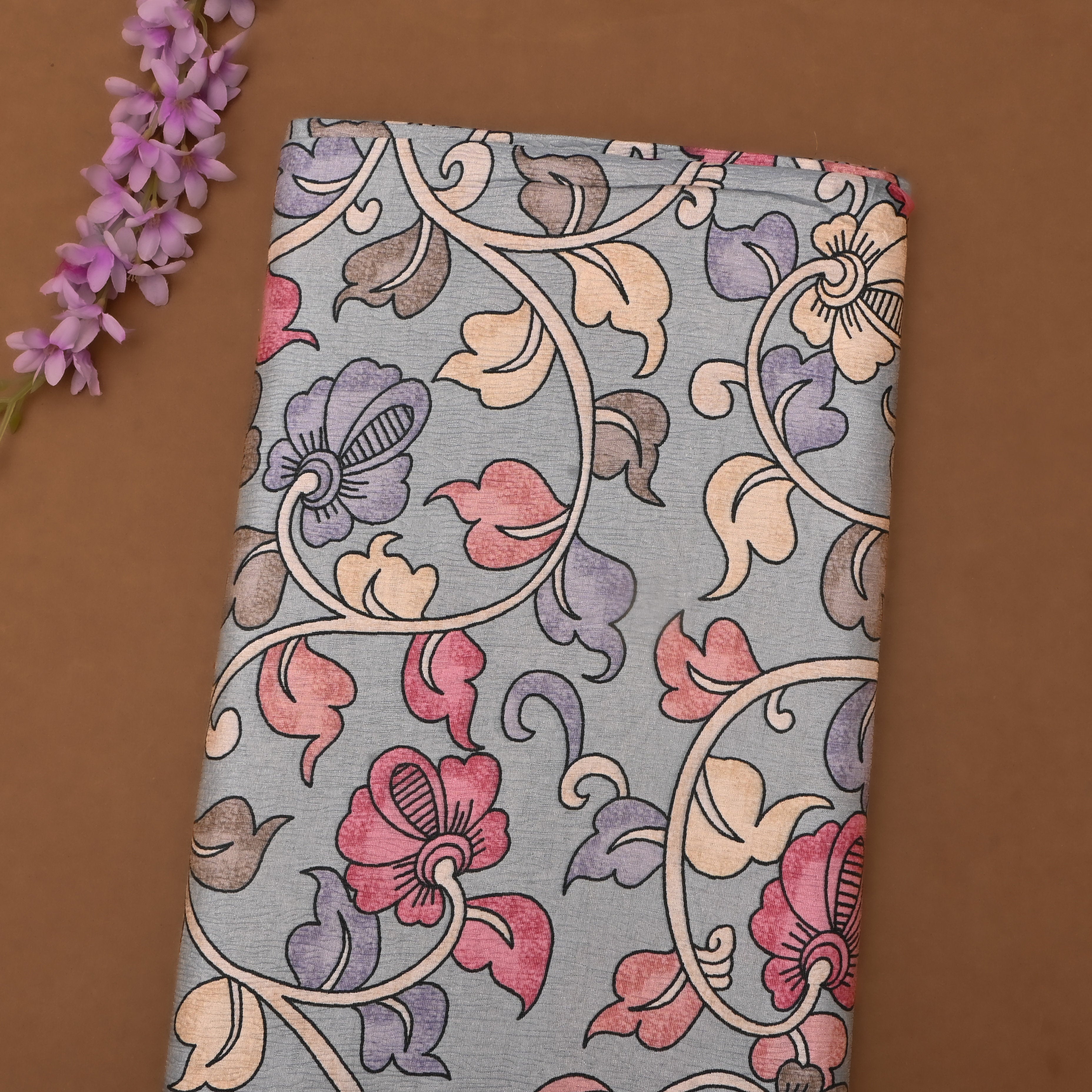 Grey Tissue Fabric With Digital Prints