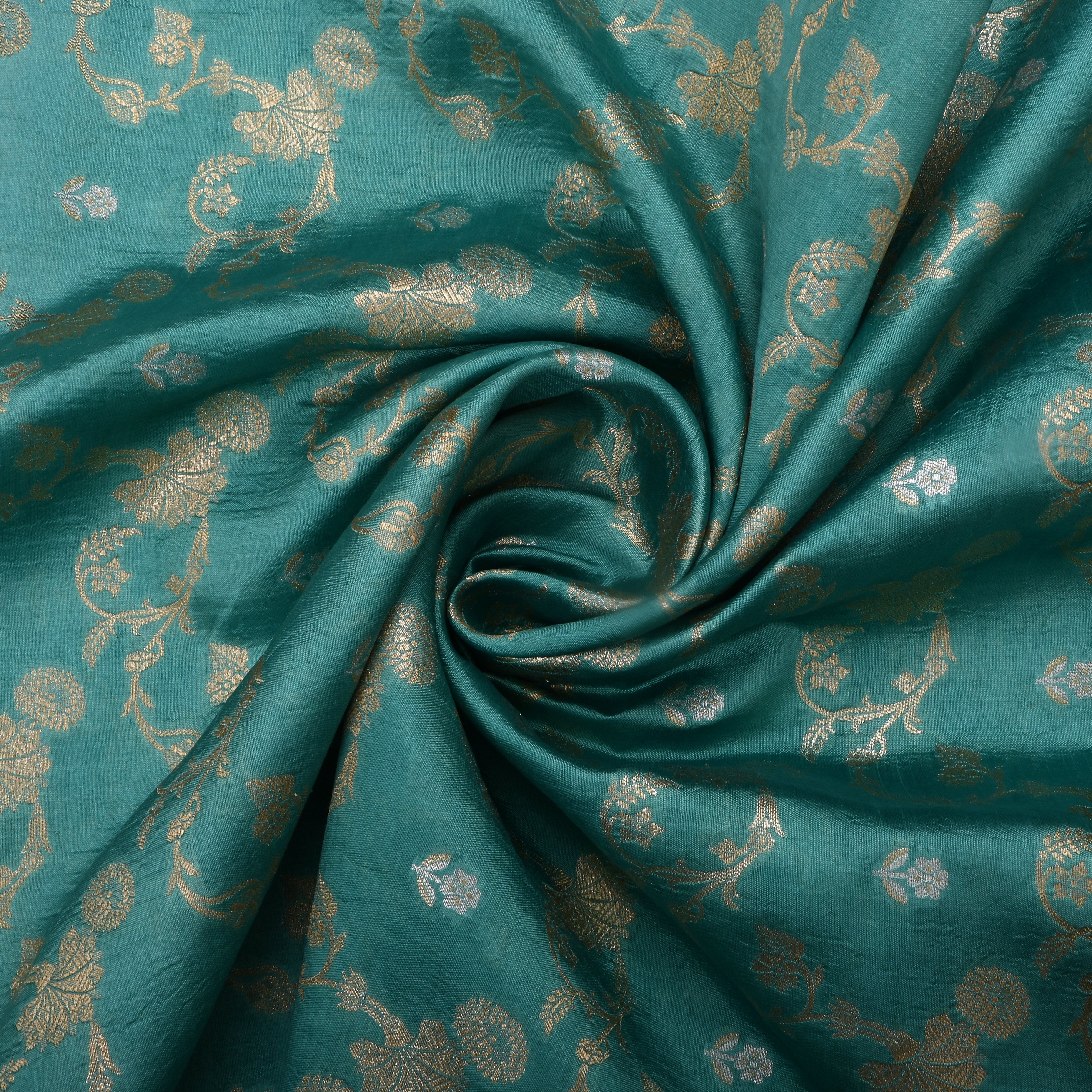 Greenish Blue Jamawar Silk Fabric With Floral Jaal