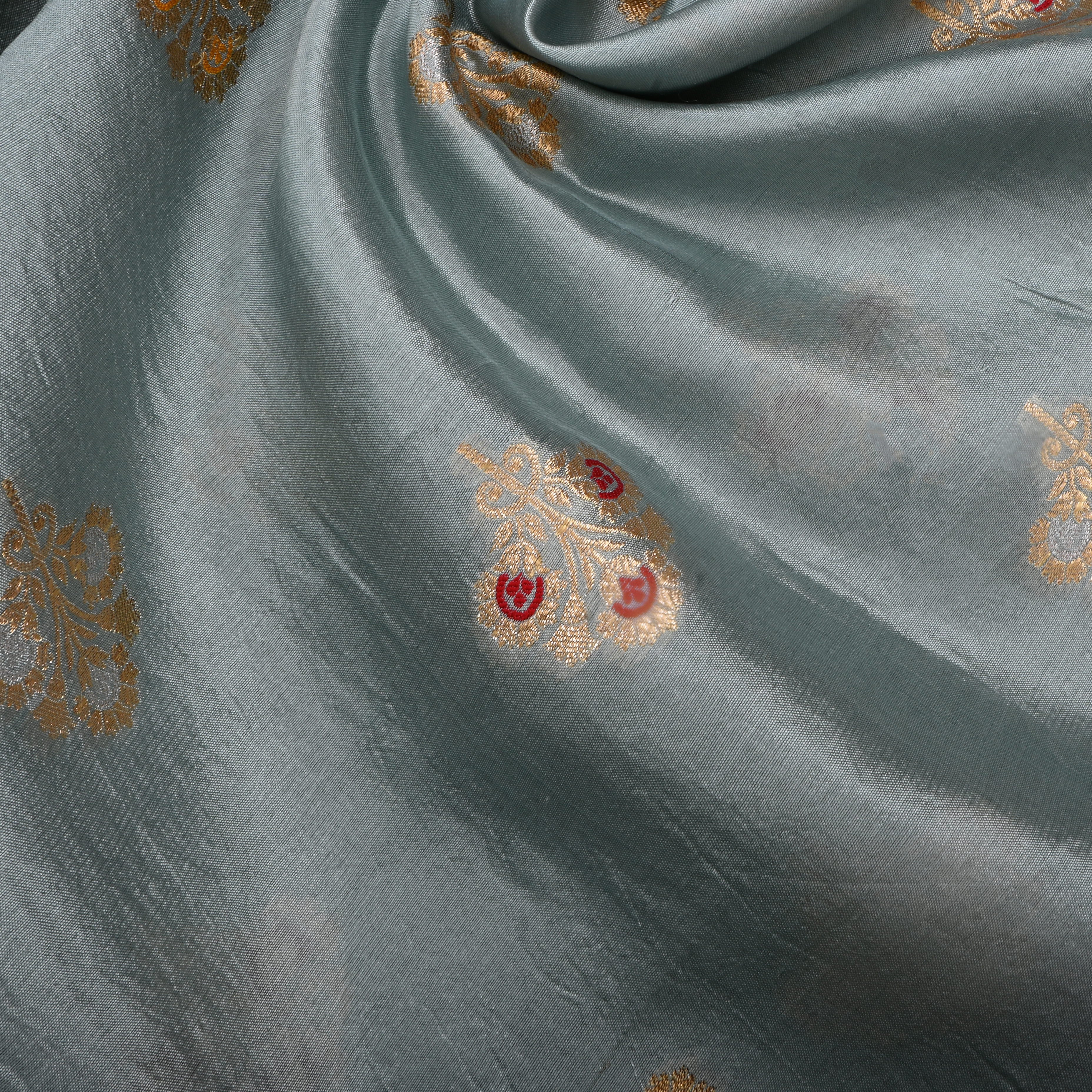 Oslo Grey Jamawar Silk Fabric With Butti'S