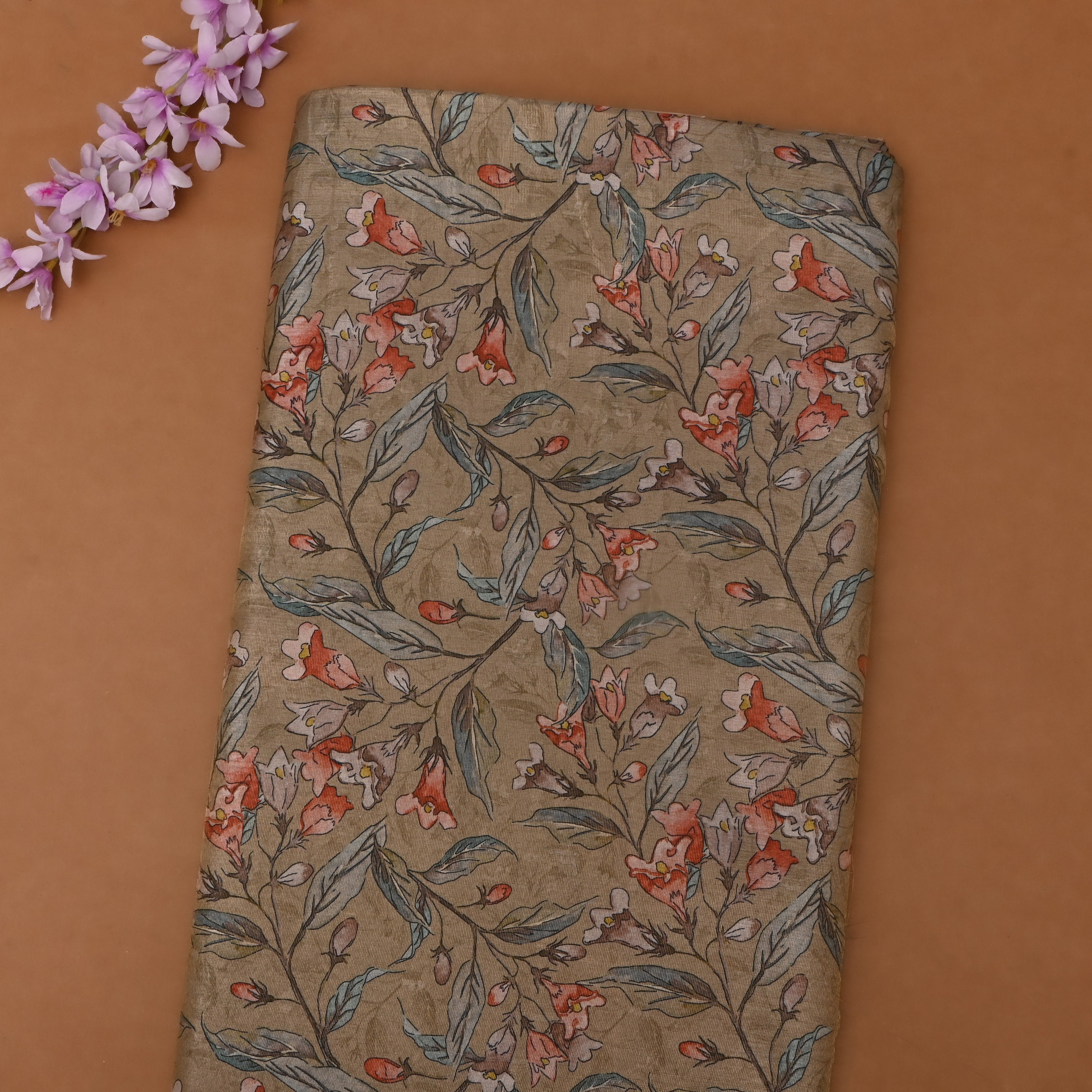 Chocolate Coffee Brown Tissue Fabric With Floral Prints