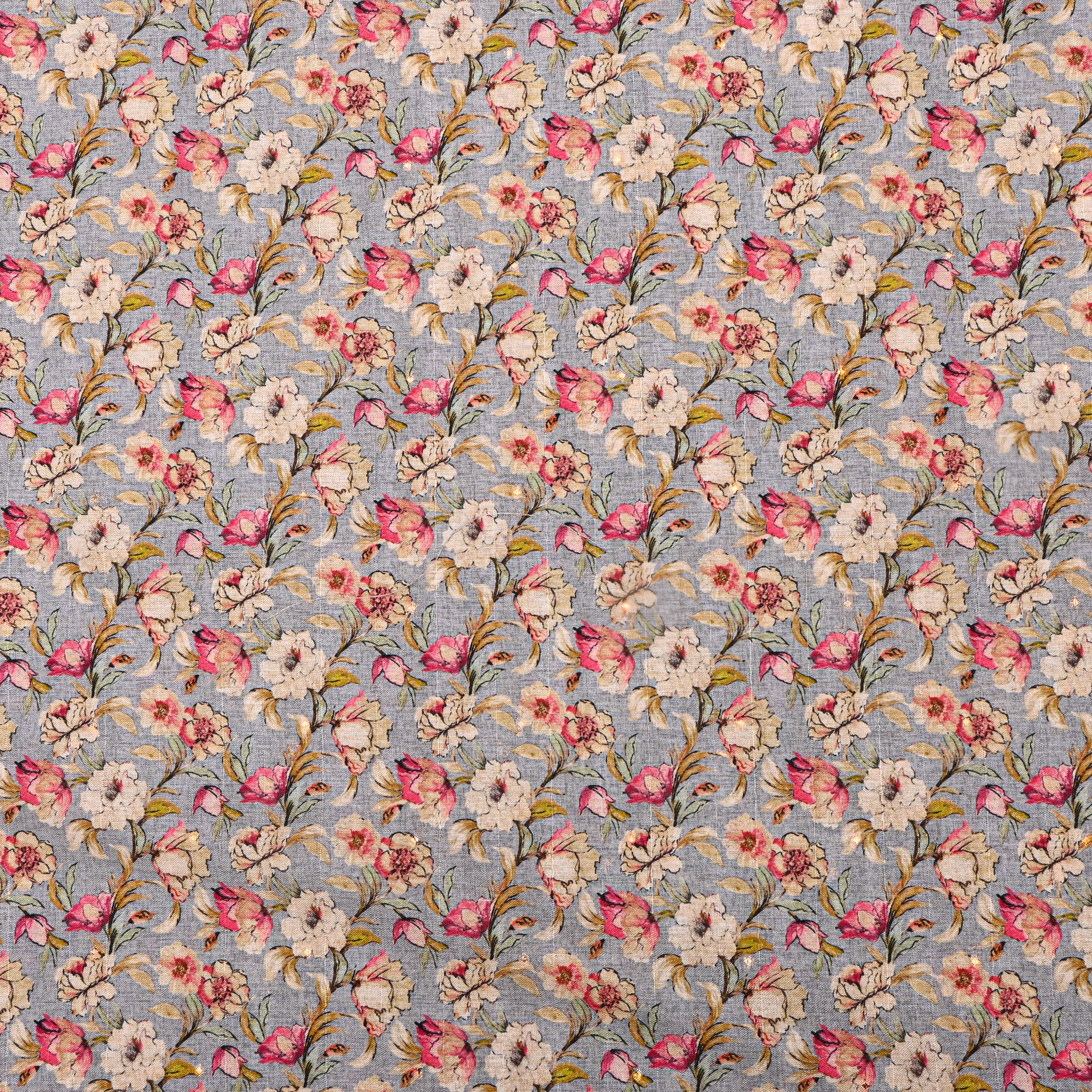 Grey Tussar Fabric With Printed Floral Jaal