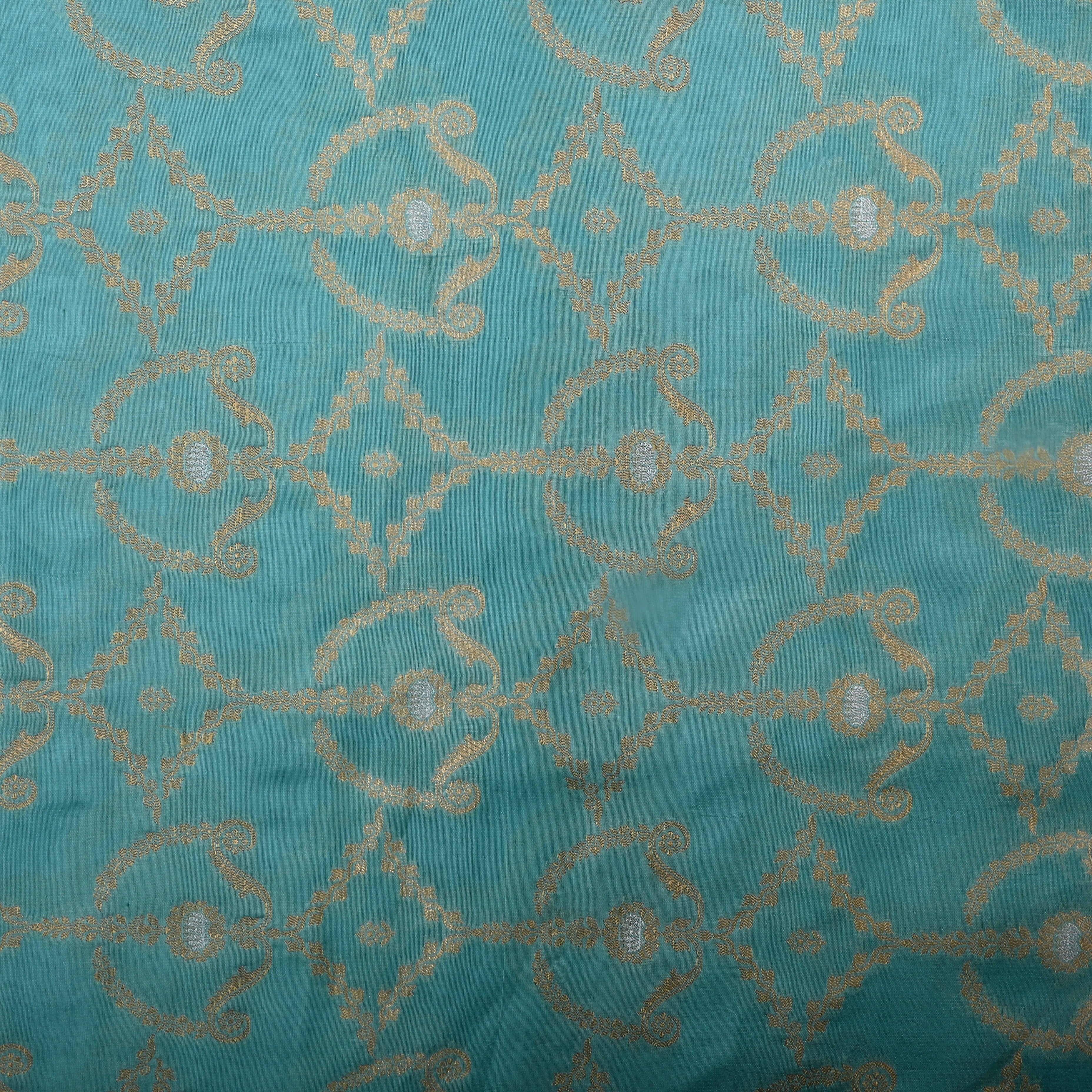 Sea Turtle Green Jamawar Silk Fabric With Woven Patterns