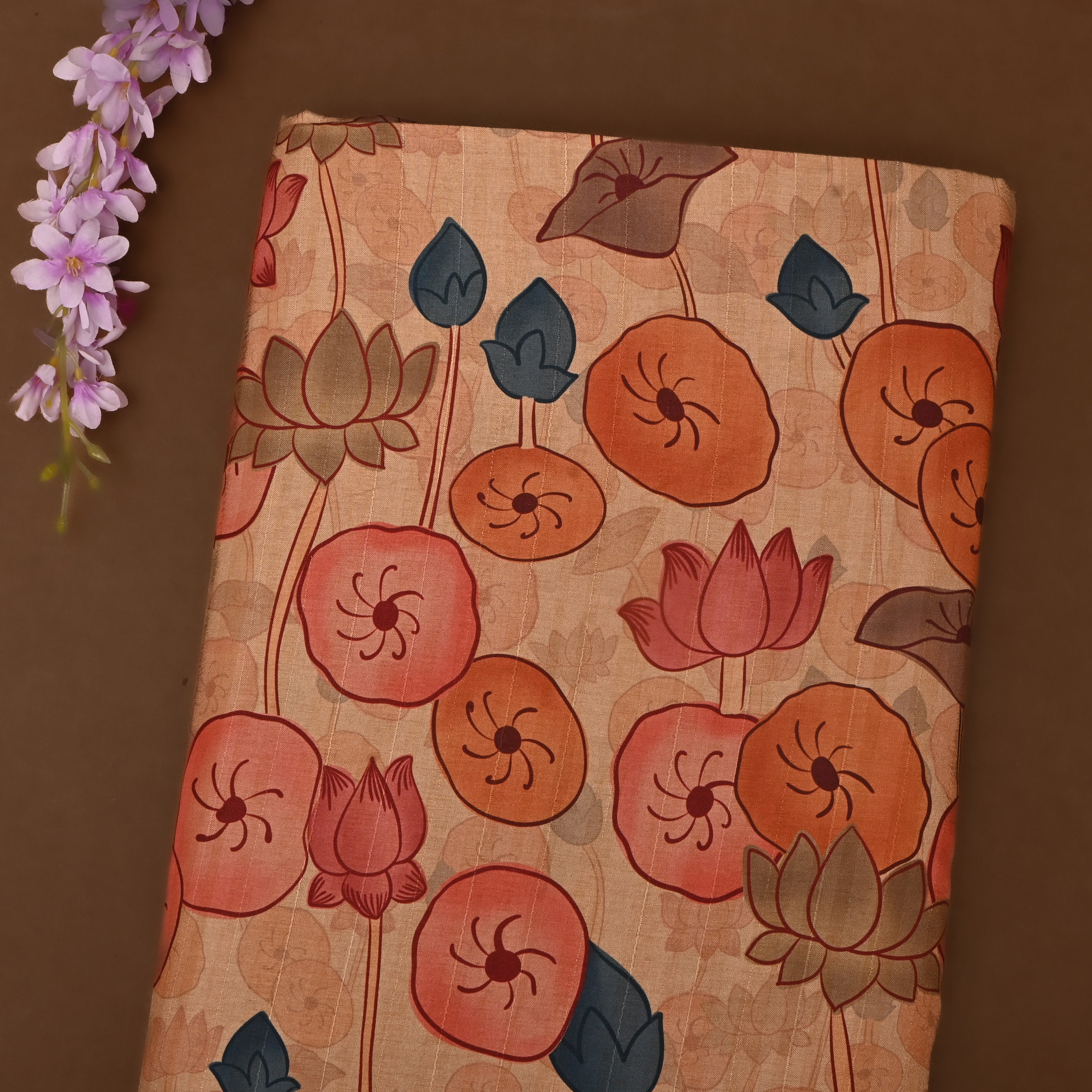 Cream White Tussar Fabric with Floral Print