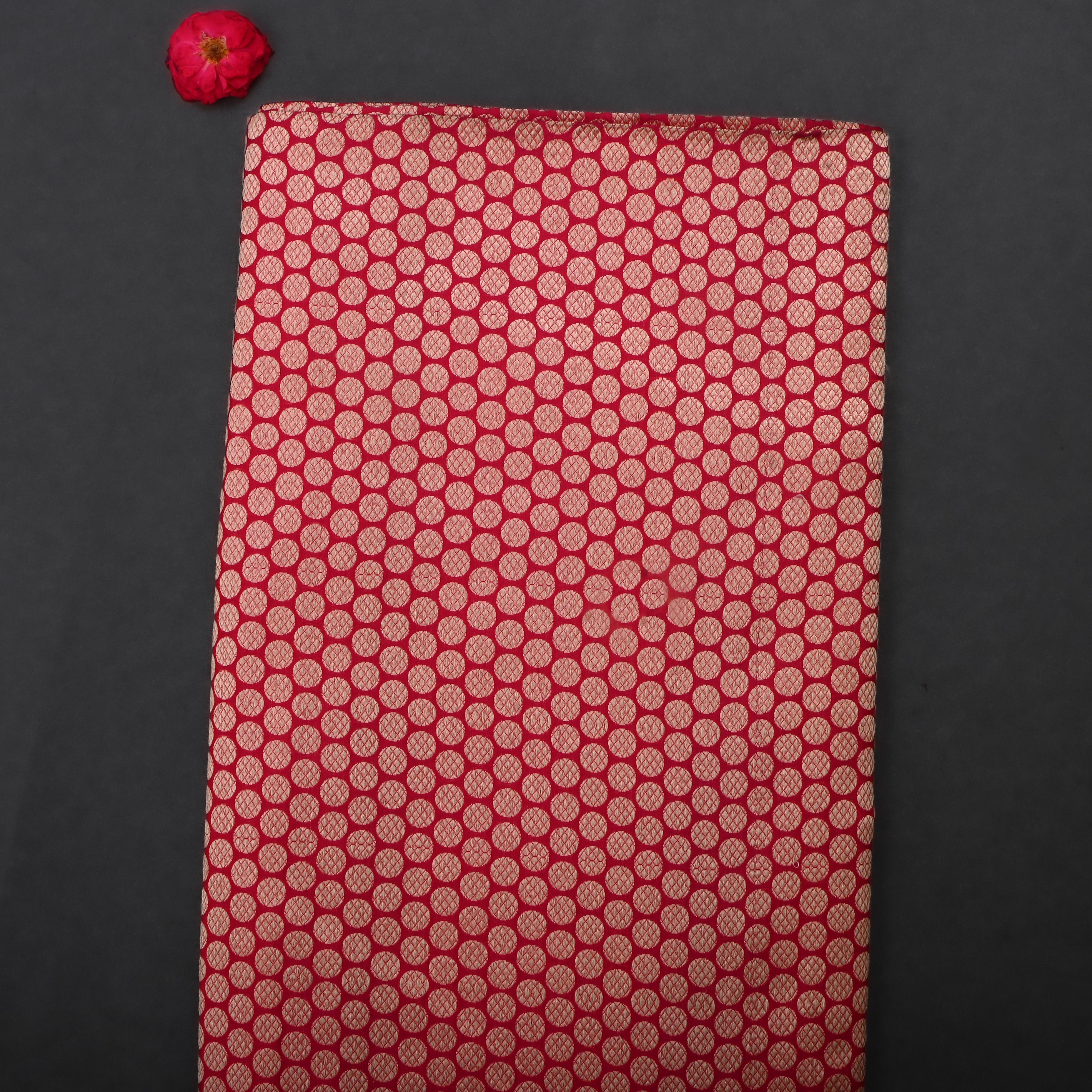 Bright Red Jamawar Silk Fabric With Dotted Pattern