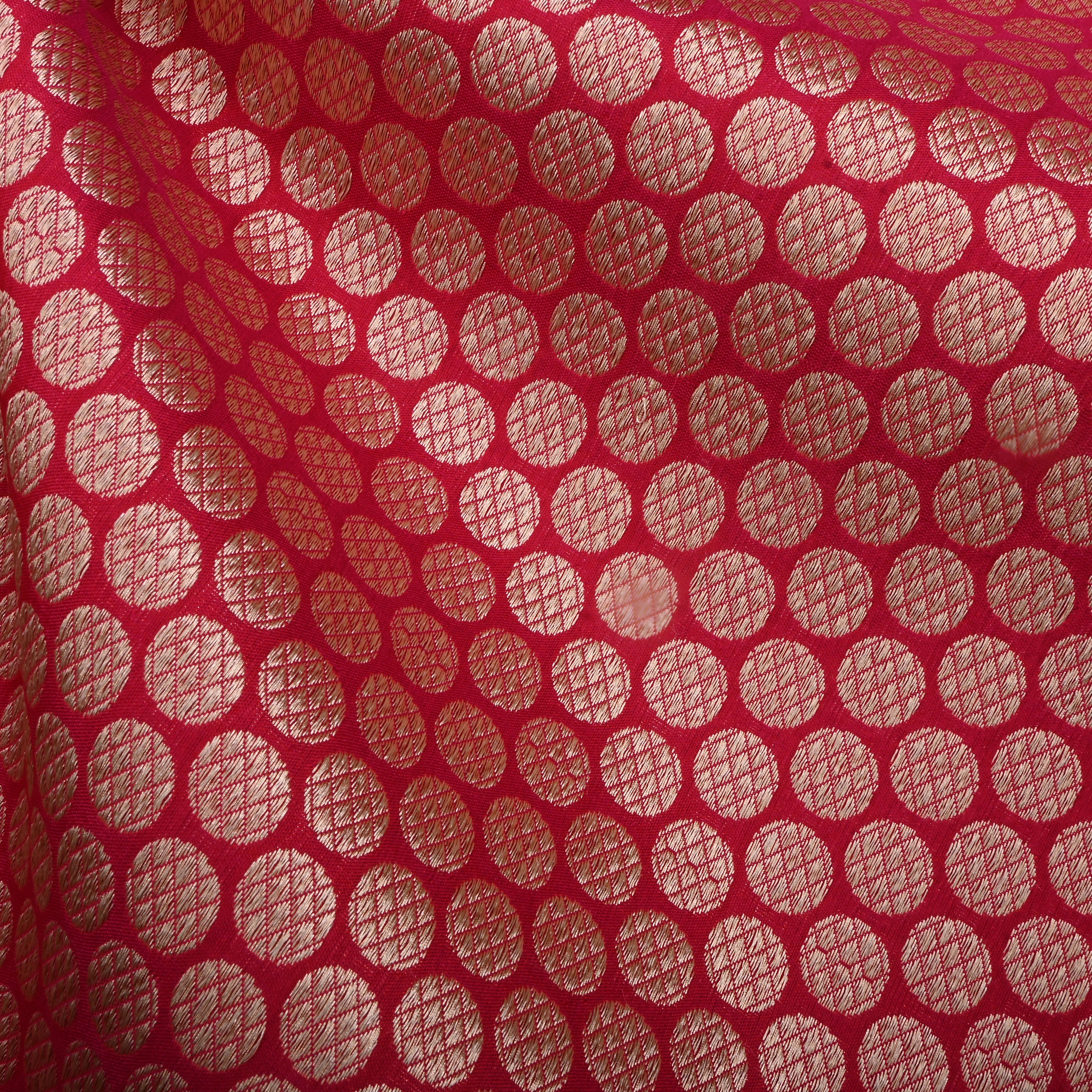 Bright Red Jamawar Silk Fabric With Dotted Pattern
