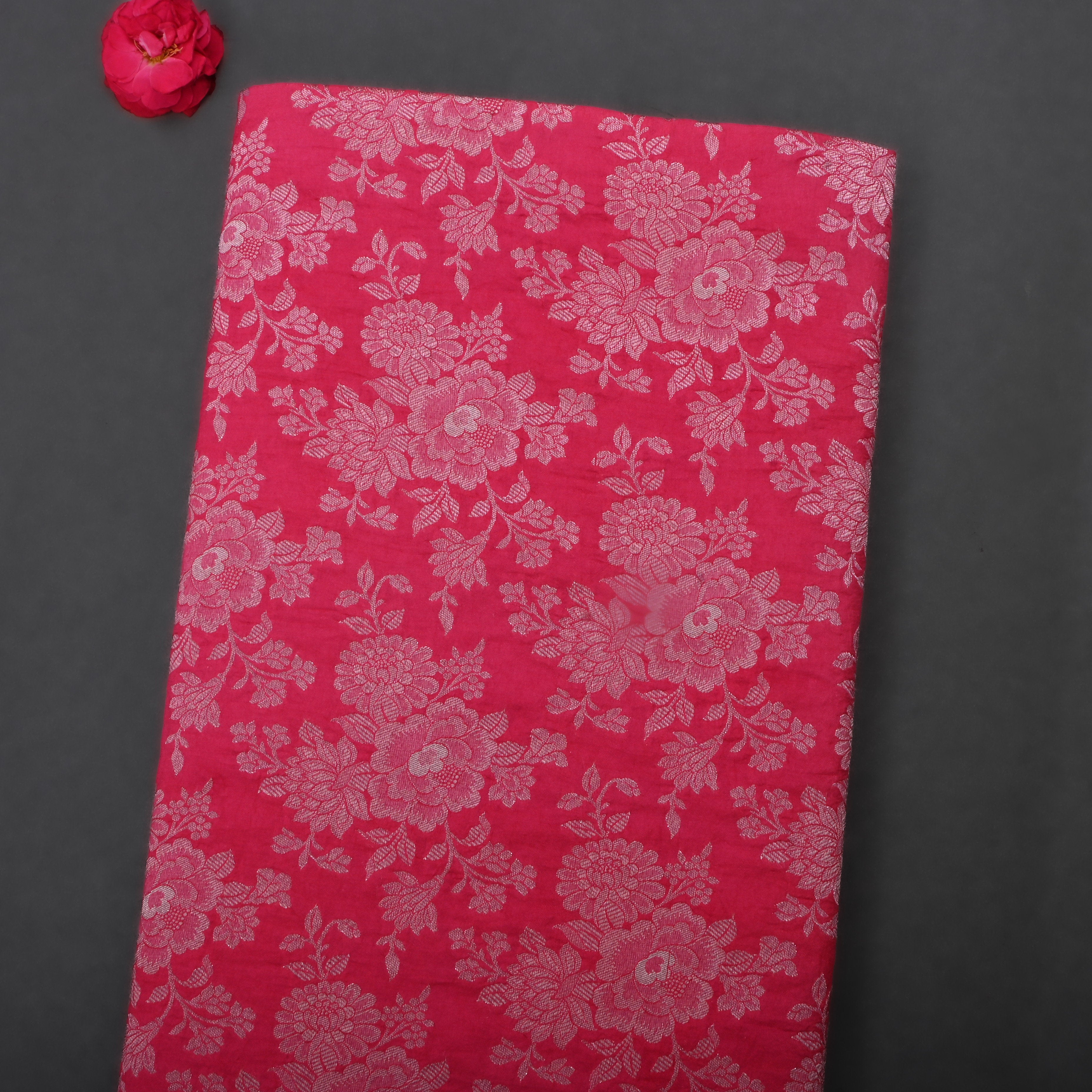 Deep Carmine Pinkish-Red Jamawar Silk Fabric With Floral Jaal